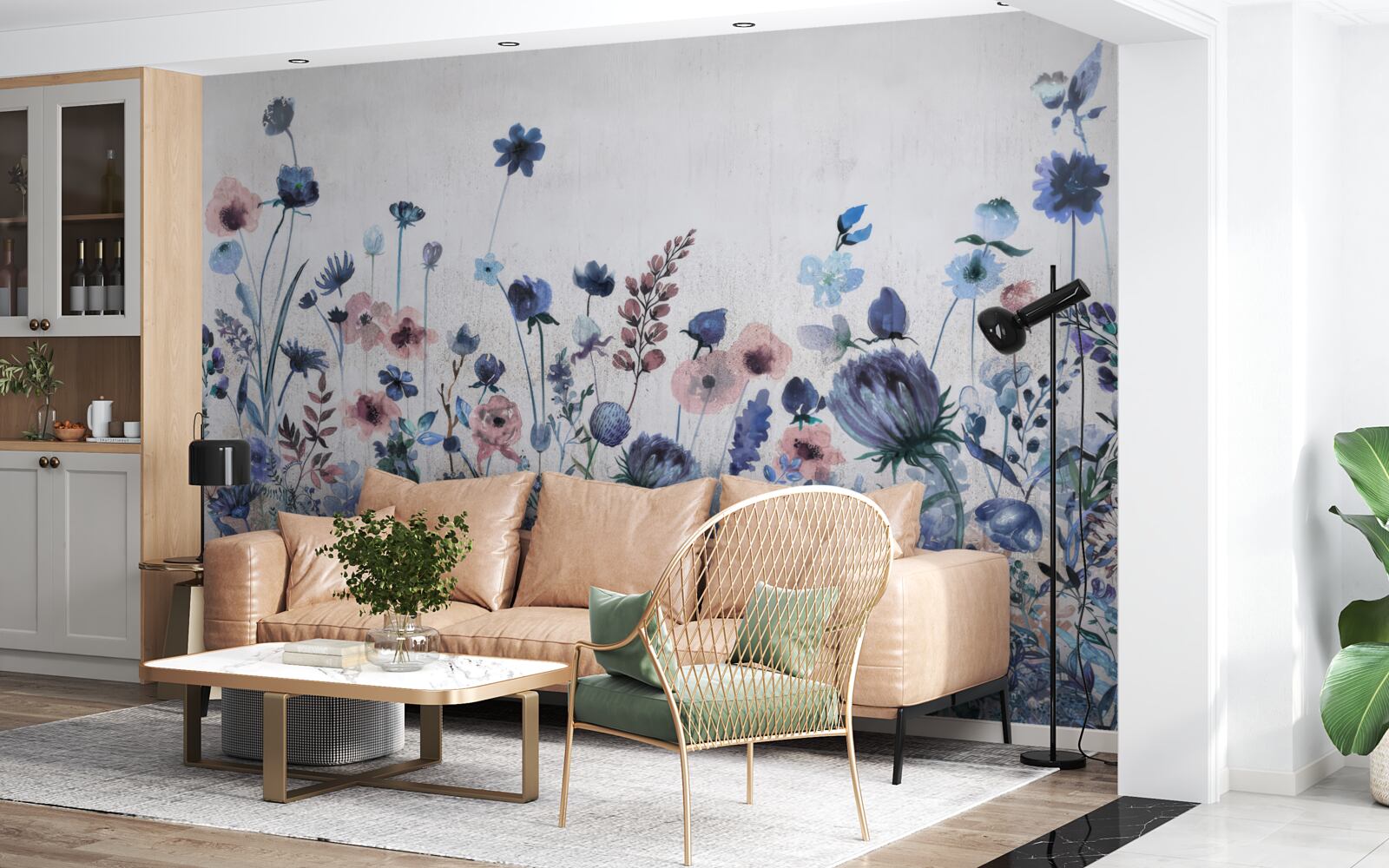 Carta da parati piante e fiori nei toni del blu e del rosa