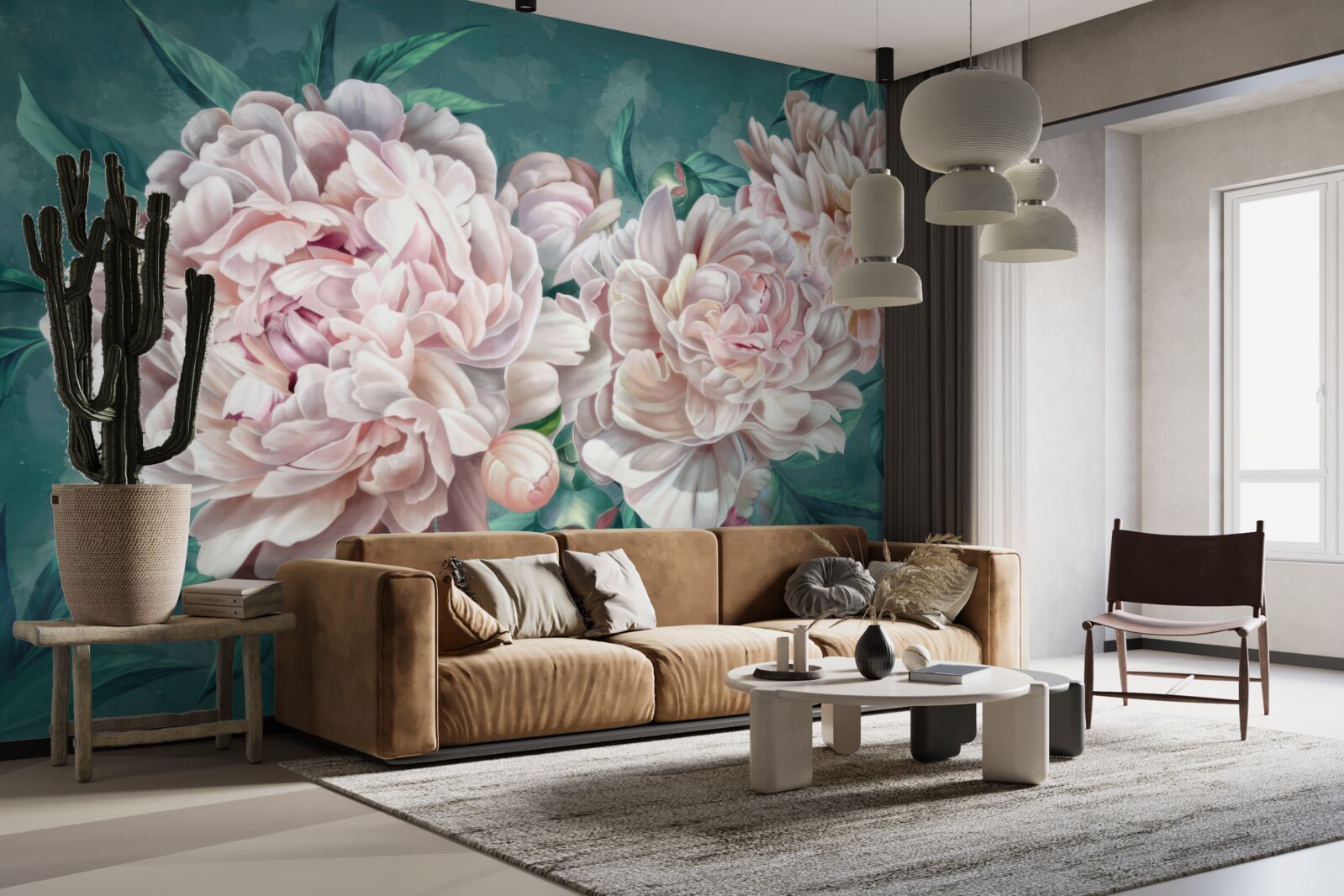 Carta da parati peonie in una delicata tonalità rosa