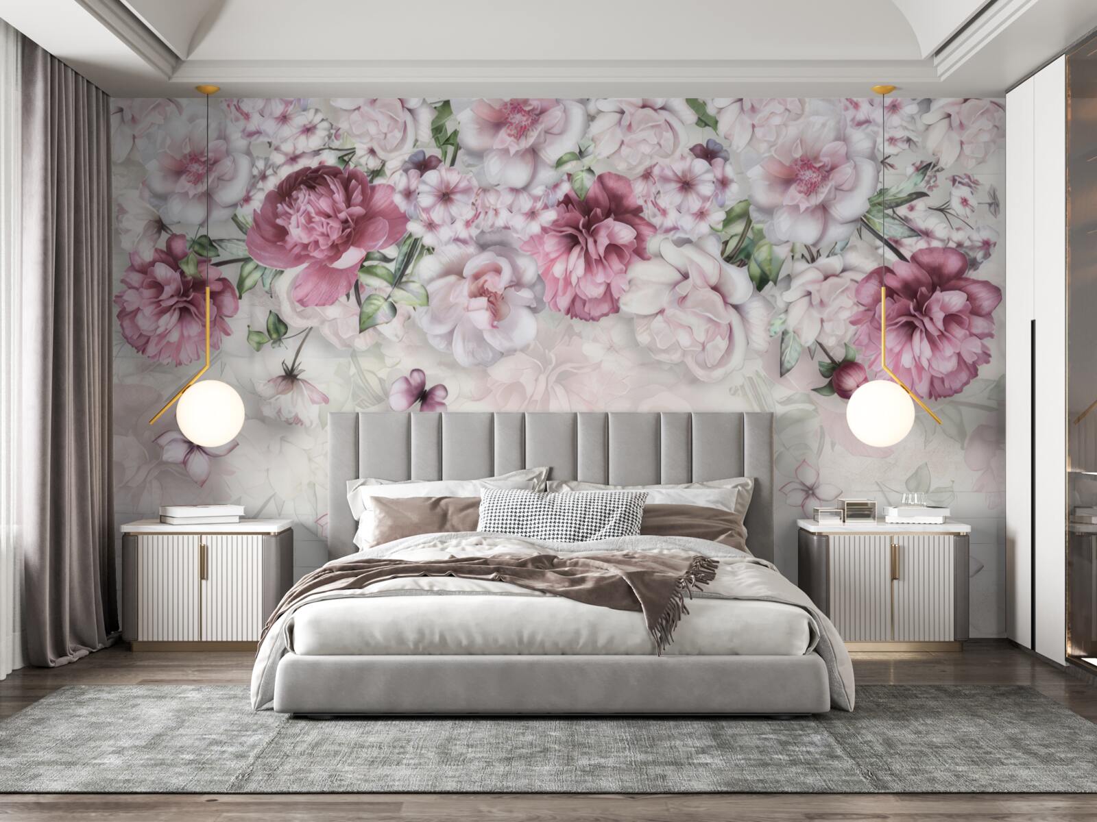 Carta da parati peonie in fiore in una ricca tonalità di lilla