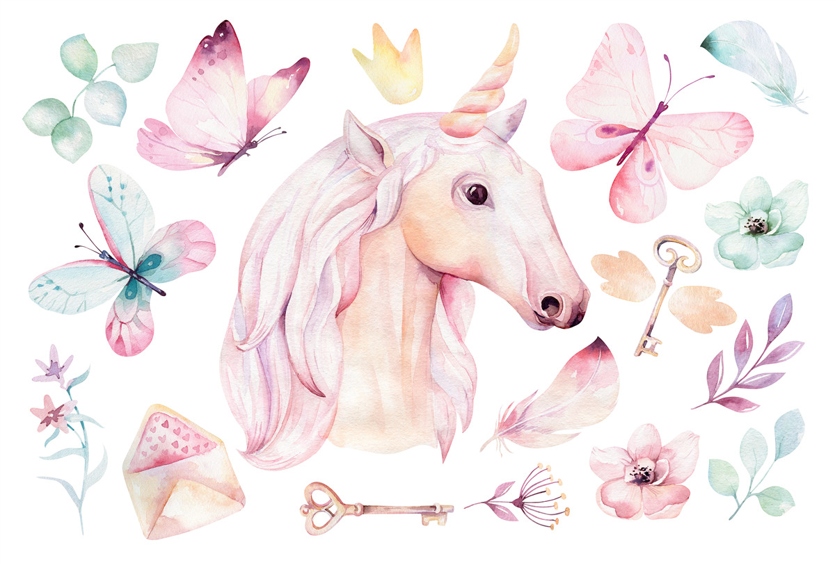 Carta da parati unicorno circondato da farfalle e chiavi