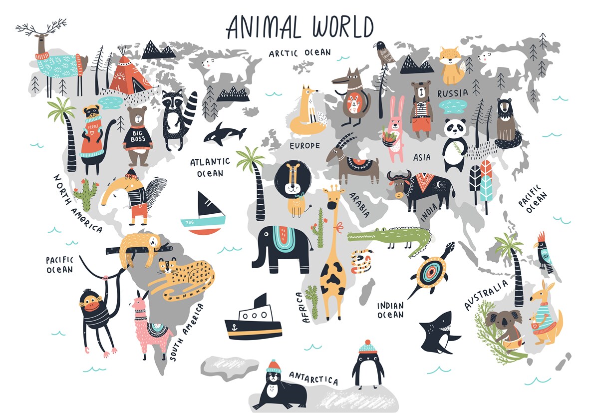Carta da parati mappa degli animali più importanti del mondo