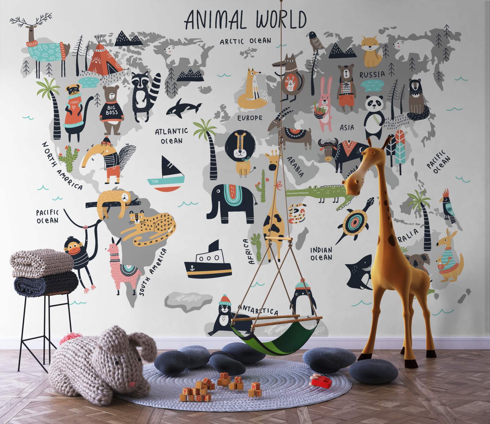 Carta da parati mappa degli animali più importanti del mondo