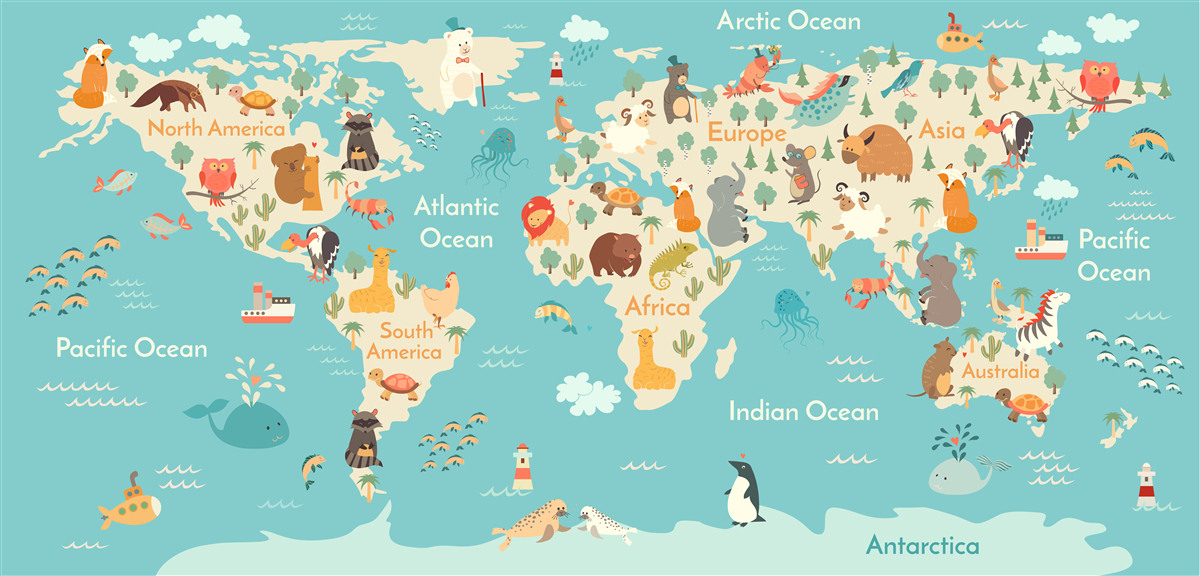 Carta da parati una mappa del mondo che mostra gli animali più importanti