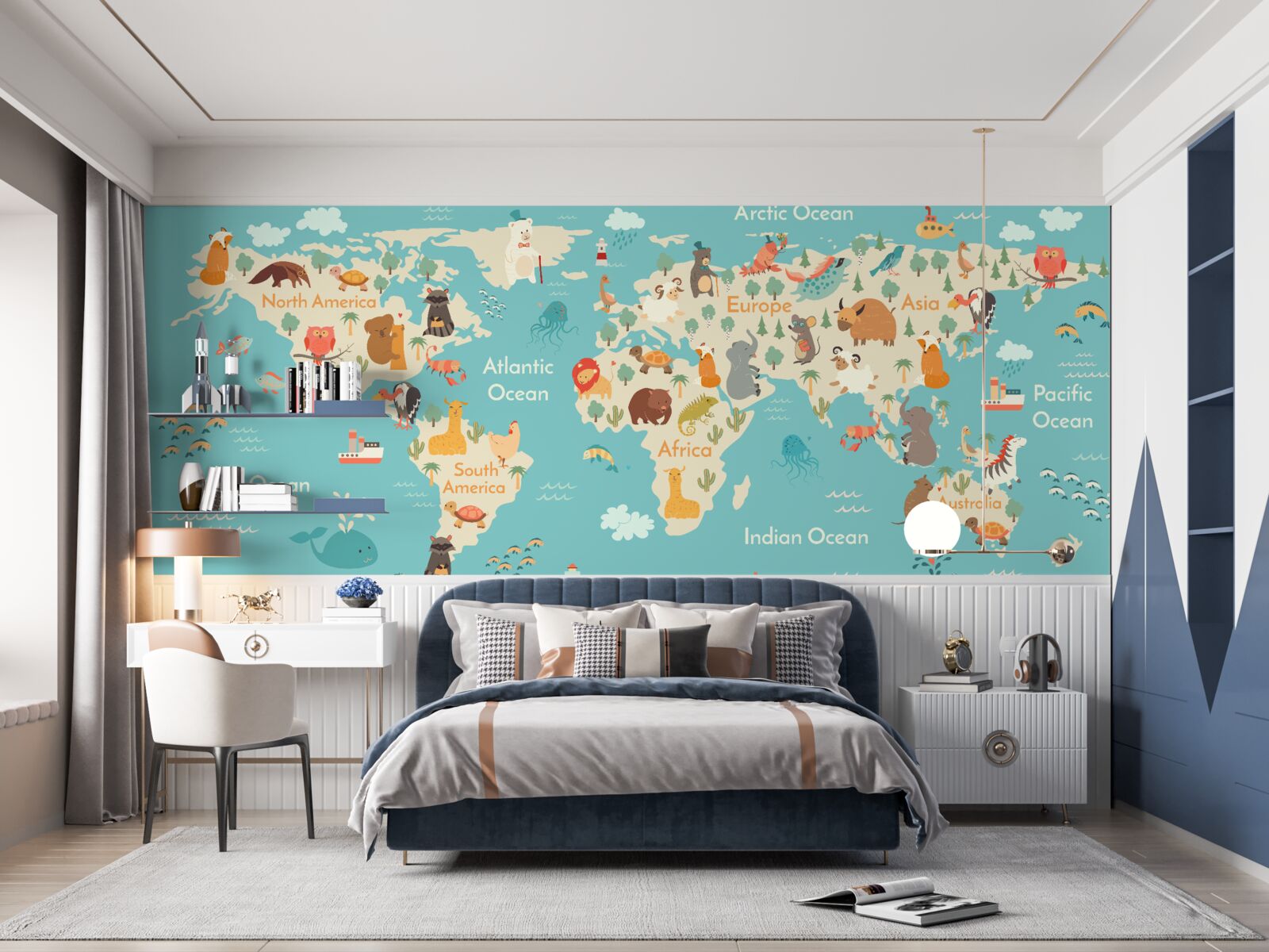 Carta da parati una mappa del mondo che mostra gli animali più importanti