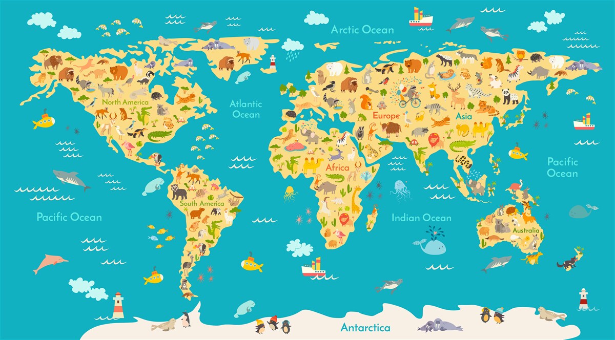 Carta da parati mappa del mondo con foto della fauna e degli abitanti locali