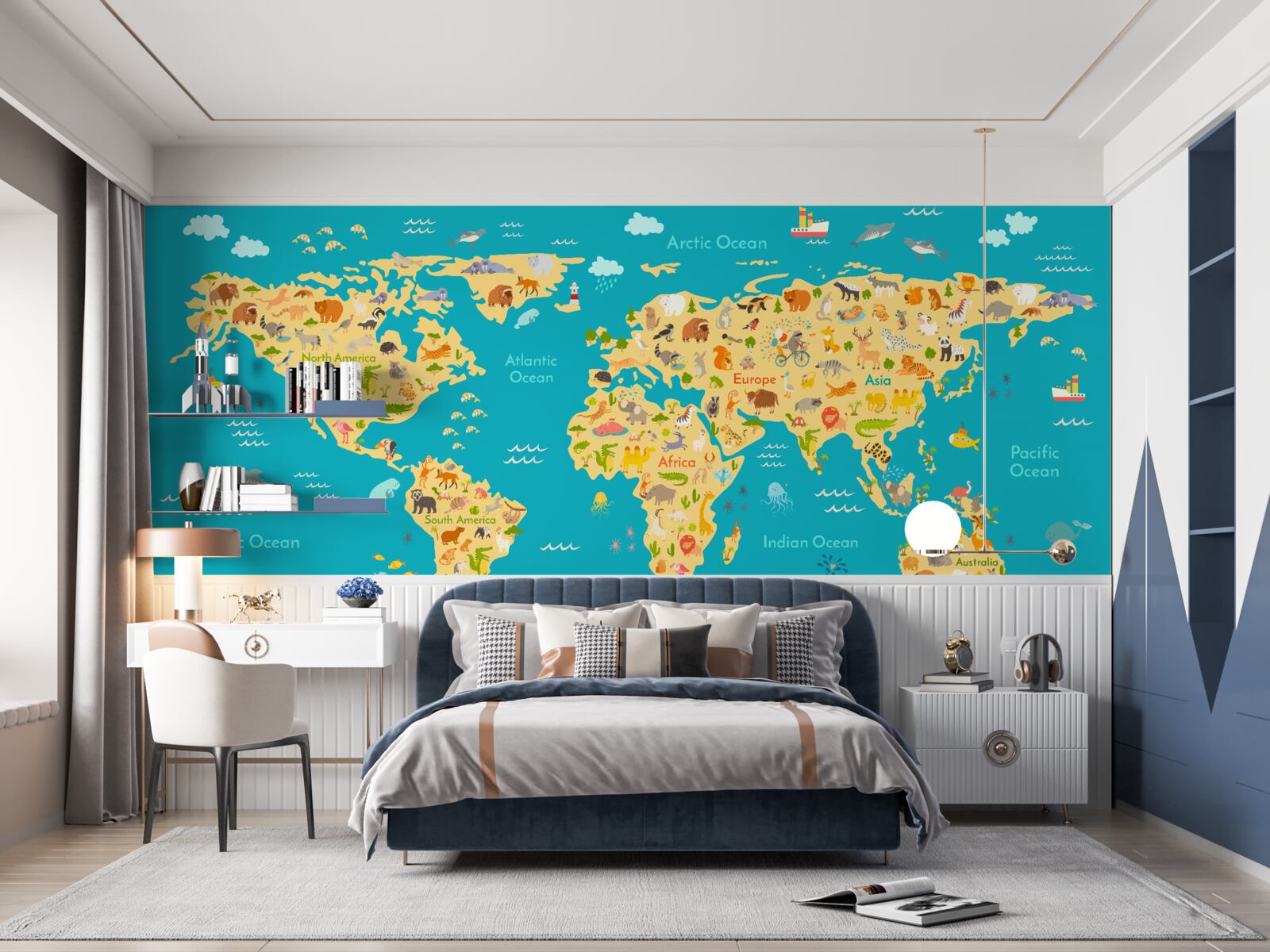 Carta da parati mappa del mondo con foto della fauna e degli abitanti locali