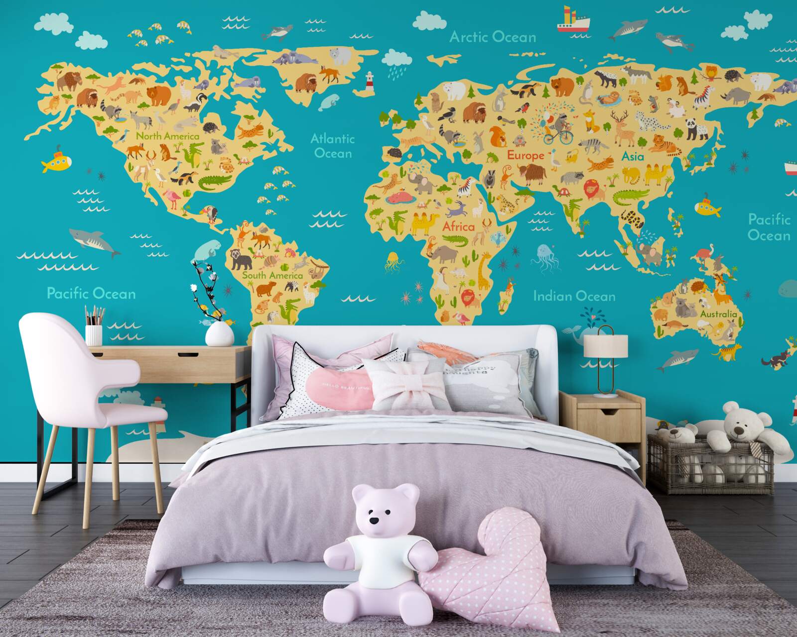 Carta da parati mappa del mondo con foto della fauna e degli abitanti locali