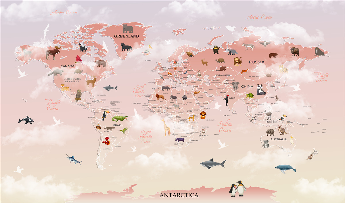 Carta da parati Mappa del mondo rosa con immagini e nomi di animali