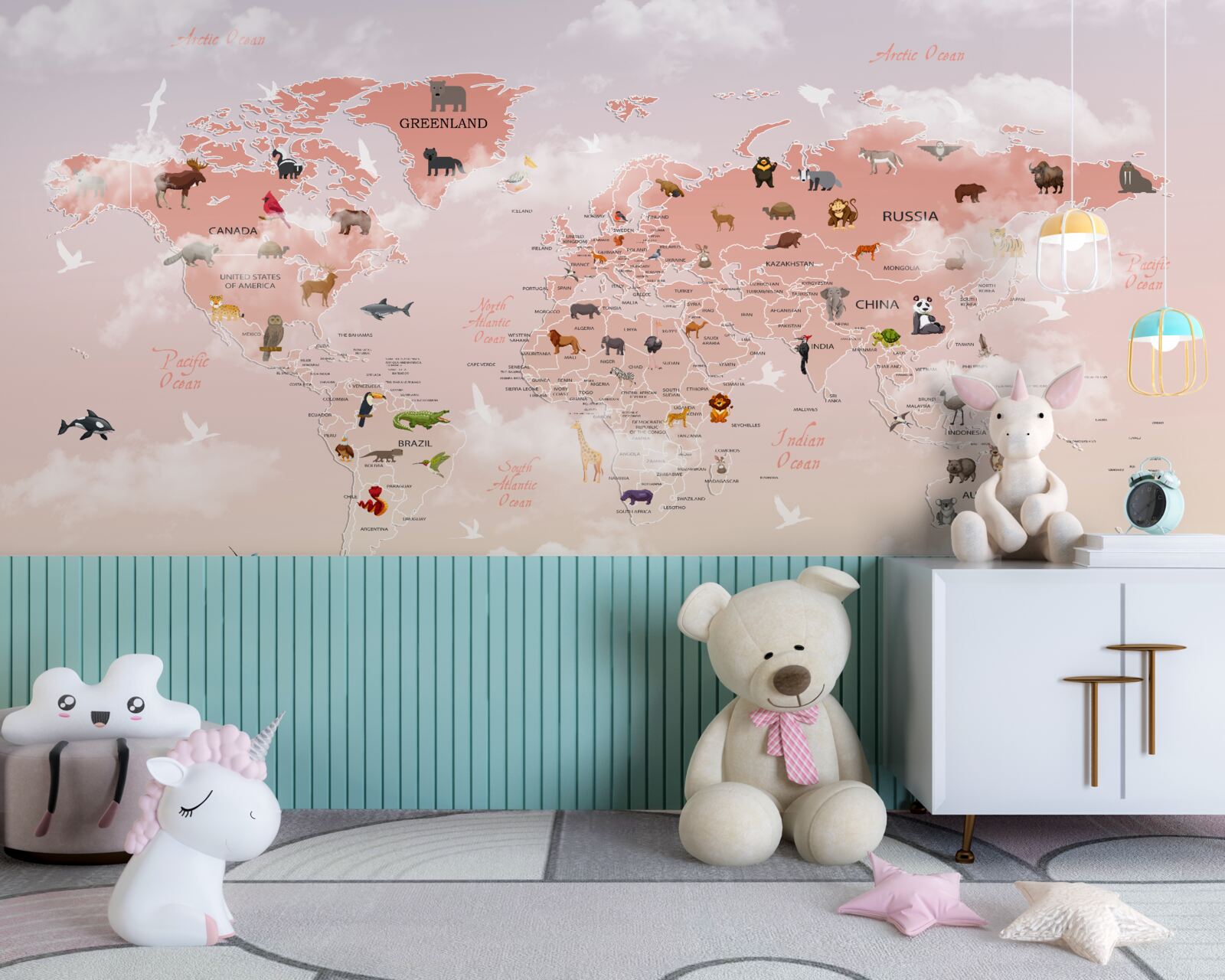Carta da parati Mappa del mondo rosa con immagini e nomi di animali