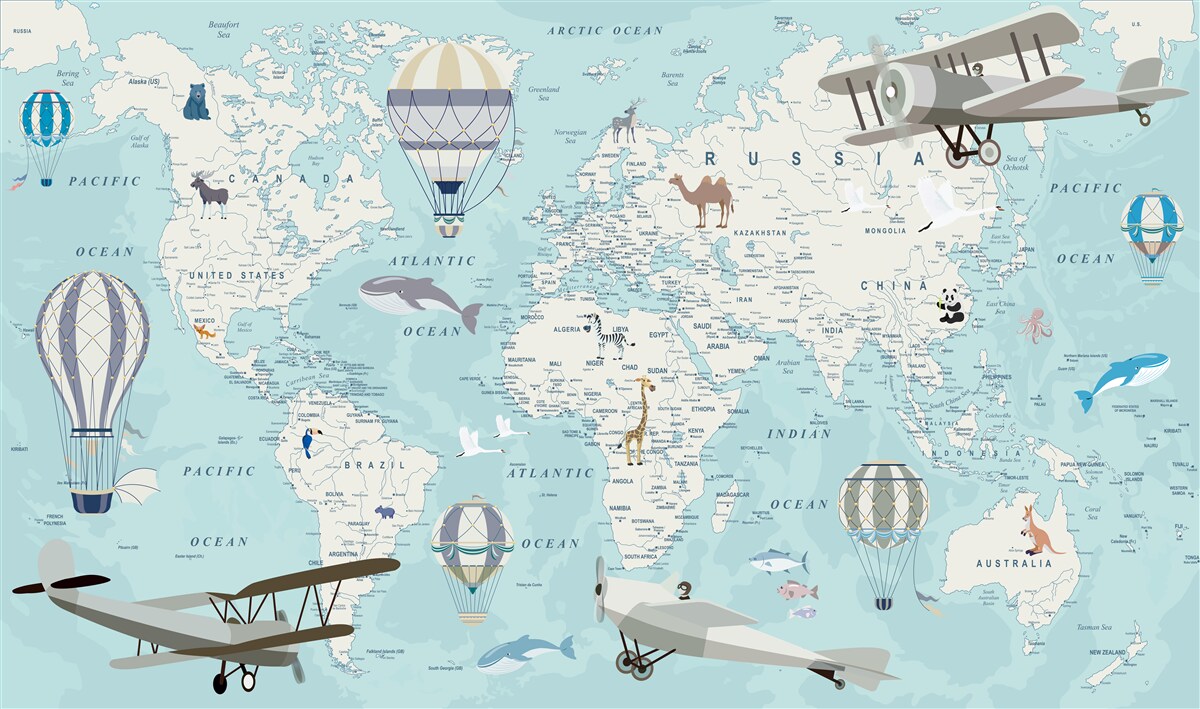 Carta da parati mappa del mondo dettagliata con palloni e aerei