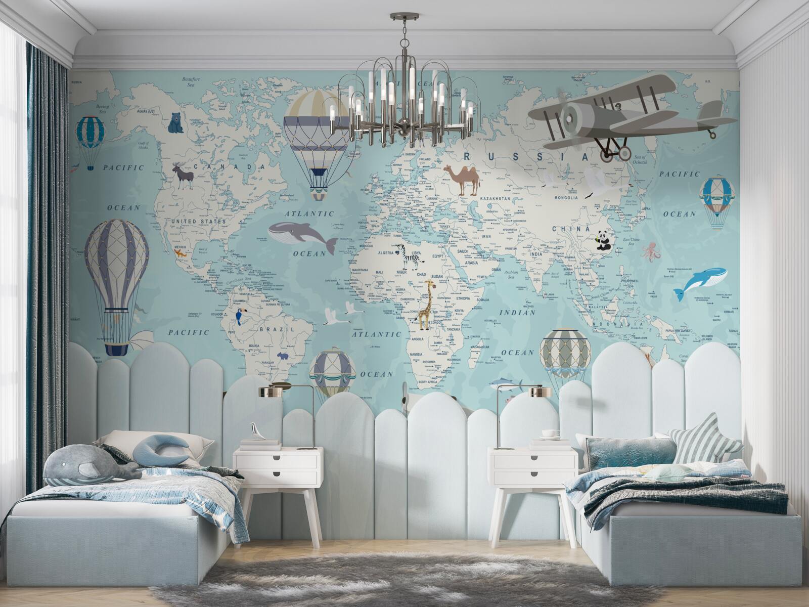 Carta da parati mappa del mondo dettagliata con palloni e aerei