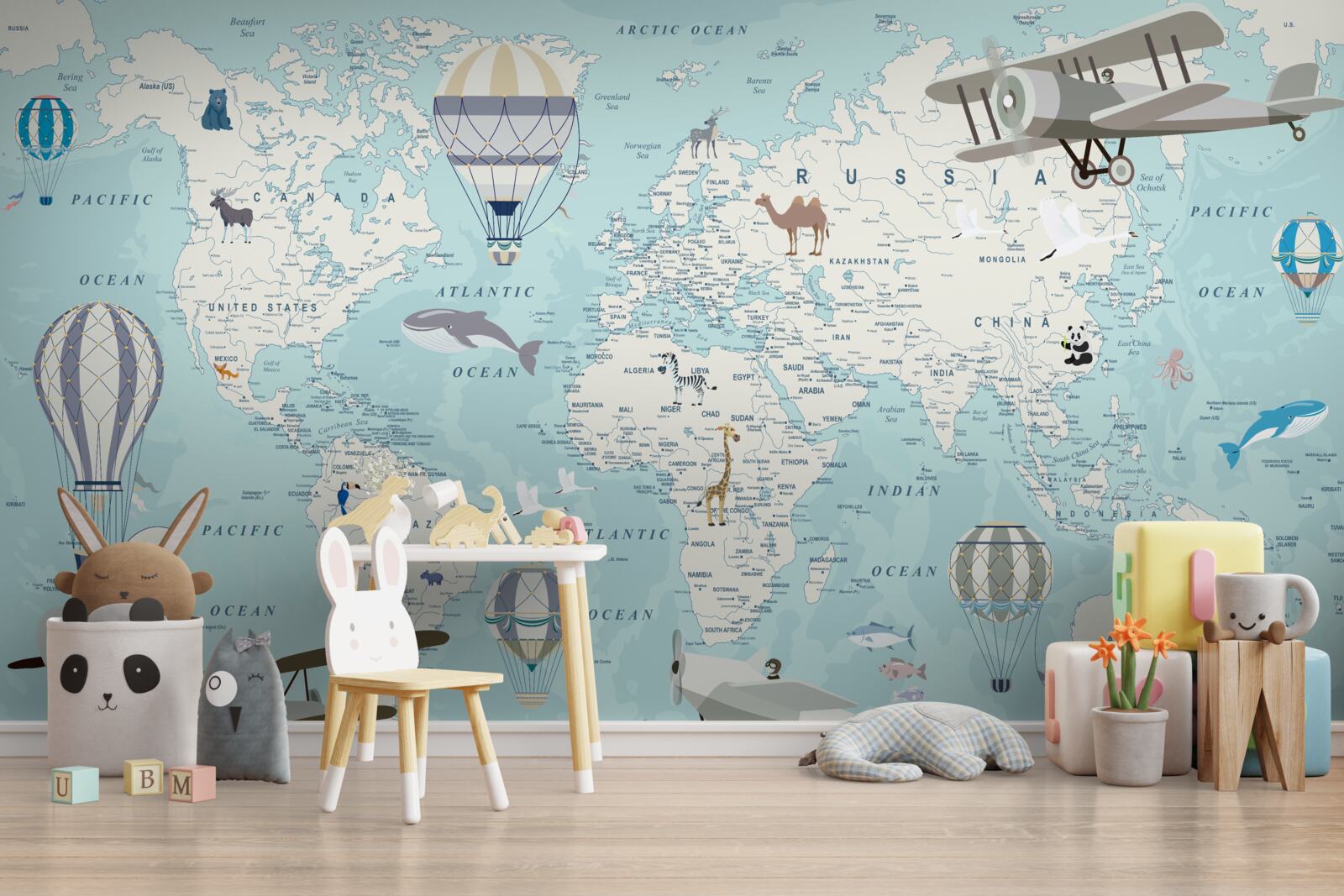 Carta da parati mappa del mondo dettagliata con palloni e aerei