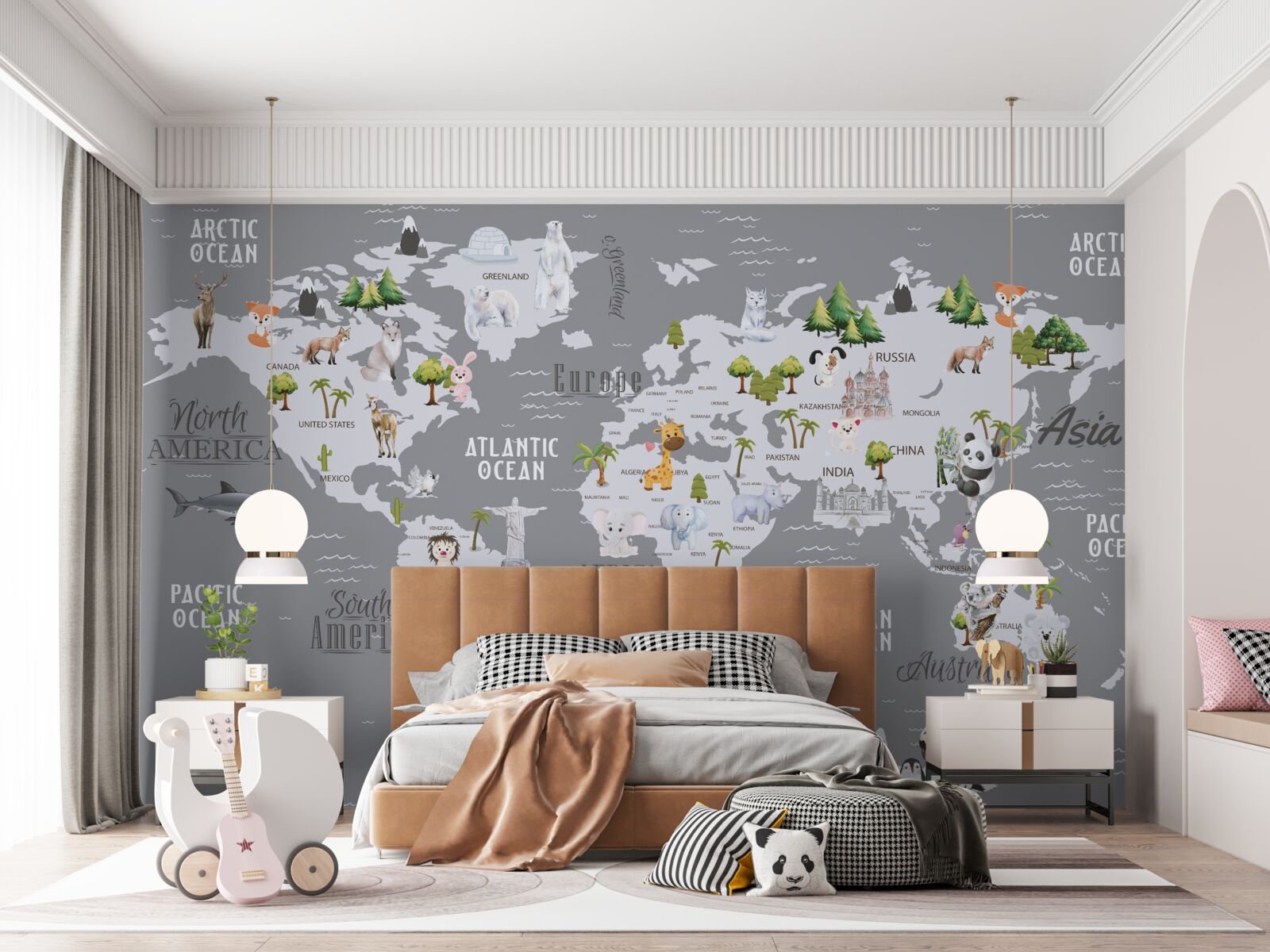Carta da parati mappa del mondo con i principali abitanti e monumenti significativi