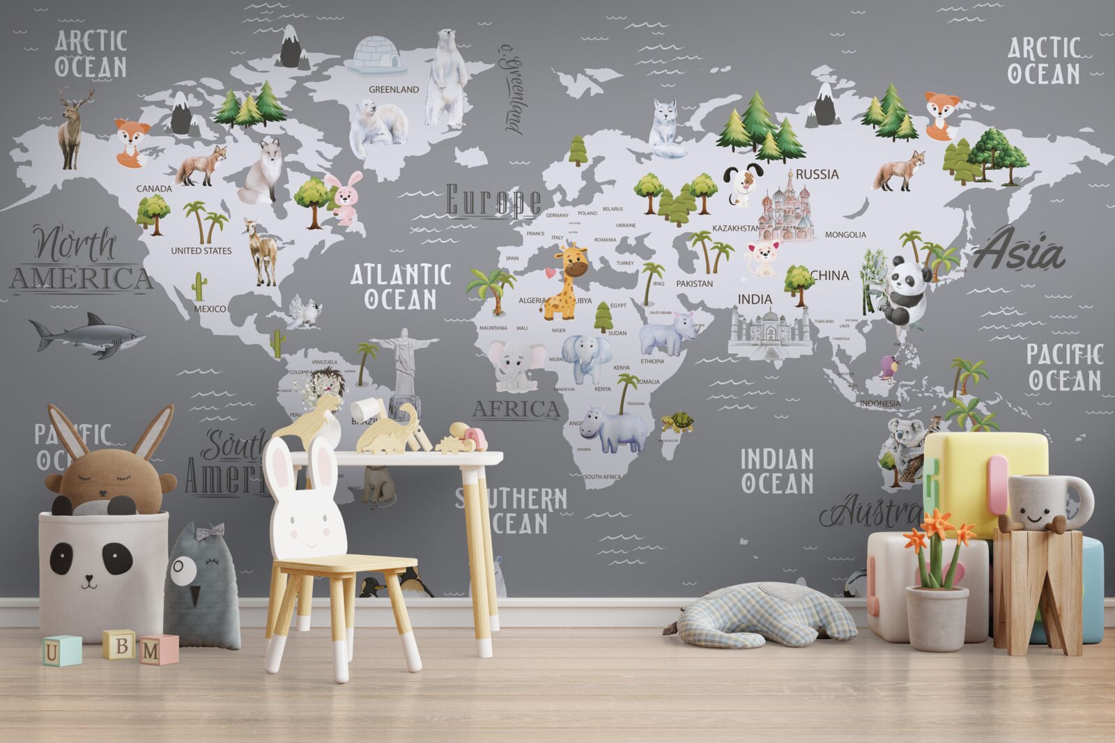 Carta da parati mappa del mondo con i principali abitanti e monumenti significativi