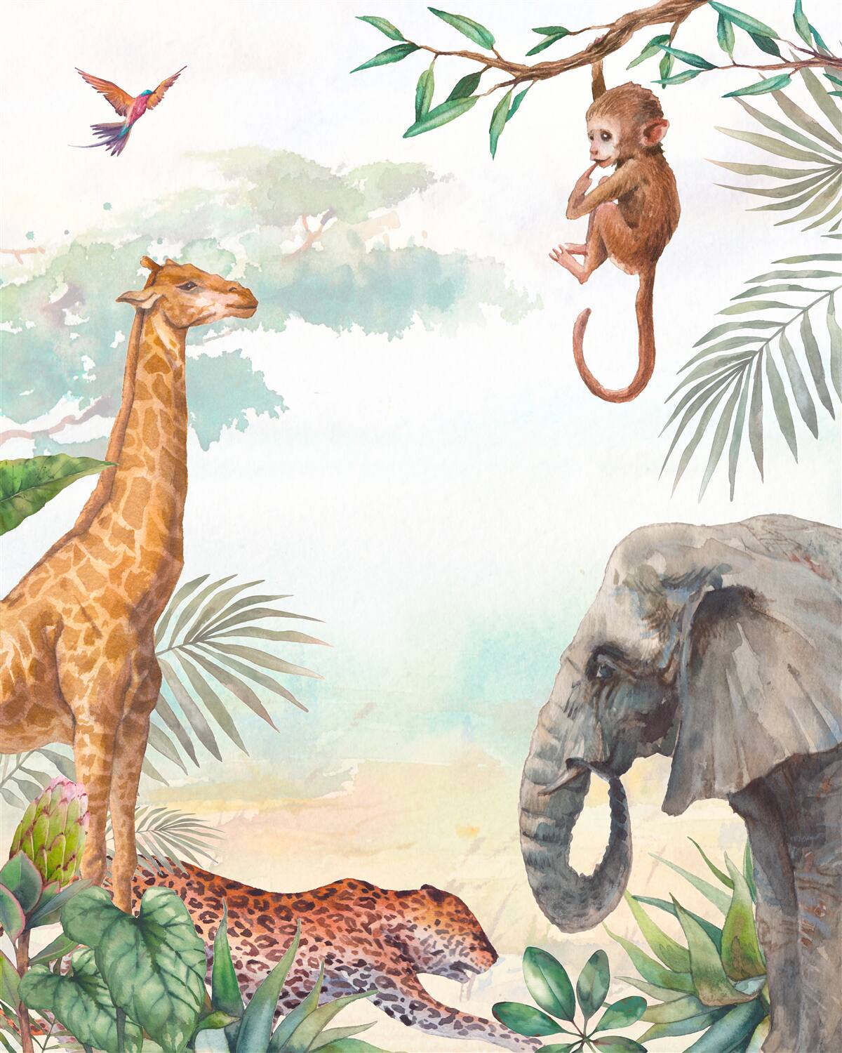 Carta da parati La giraffa ammira la scimmia sull'albero