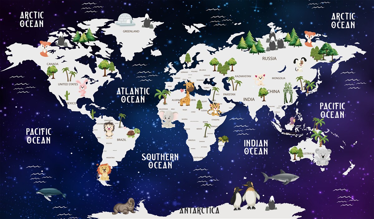 Carta da parati mappa del mondo di notte con gli oceani segnati