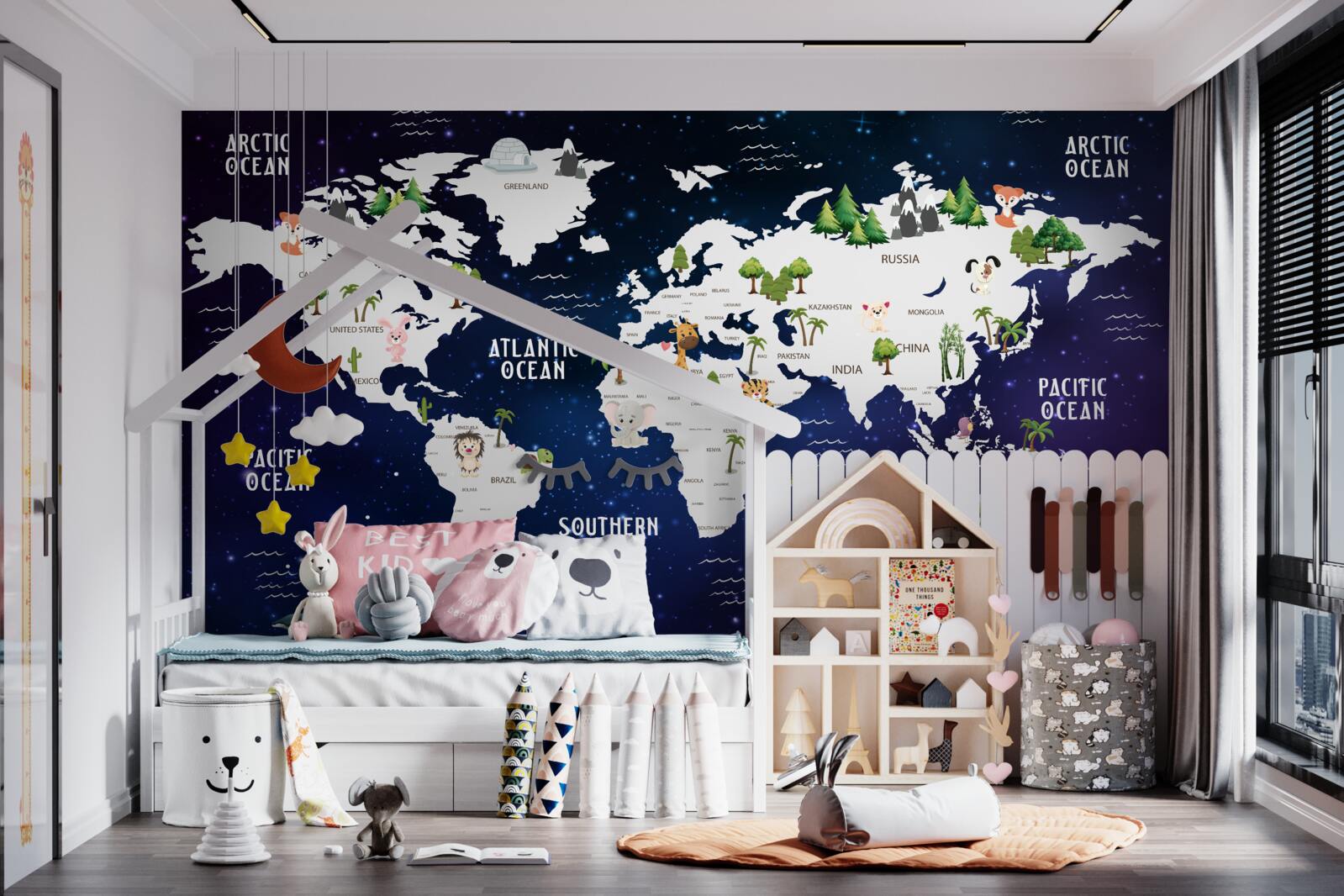 Carta da parati mappa del mondo di notte con gli oceani segnati