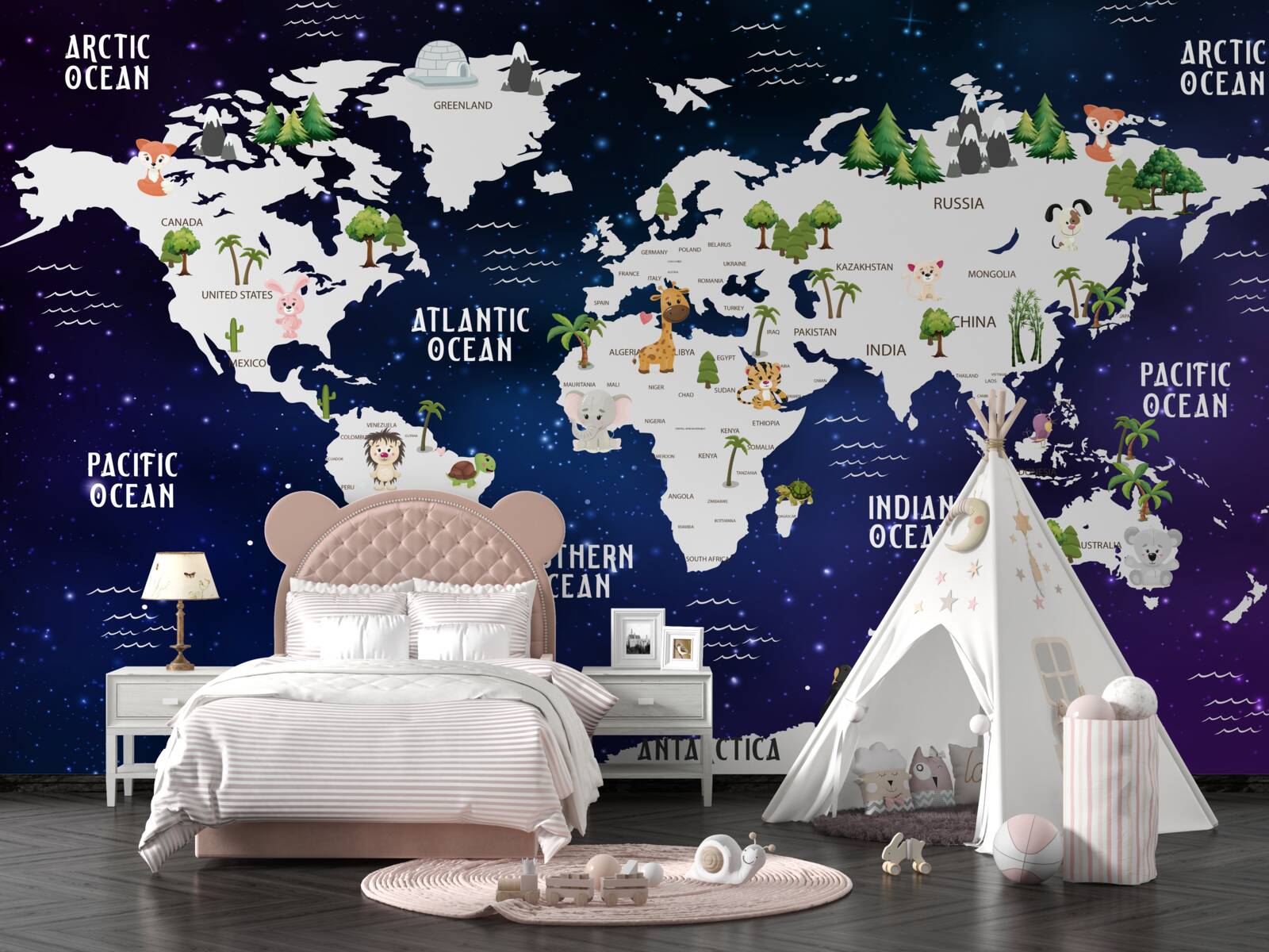 Carta da parati mappa del mondo di notte con gli oceani segnati