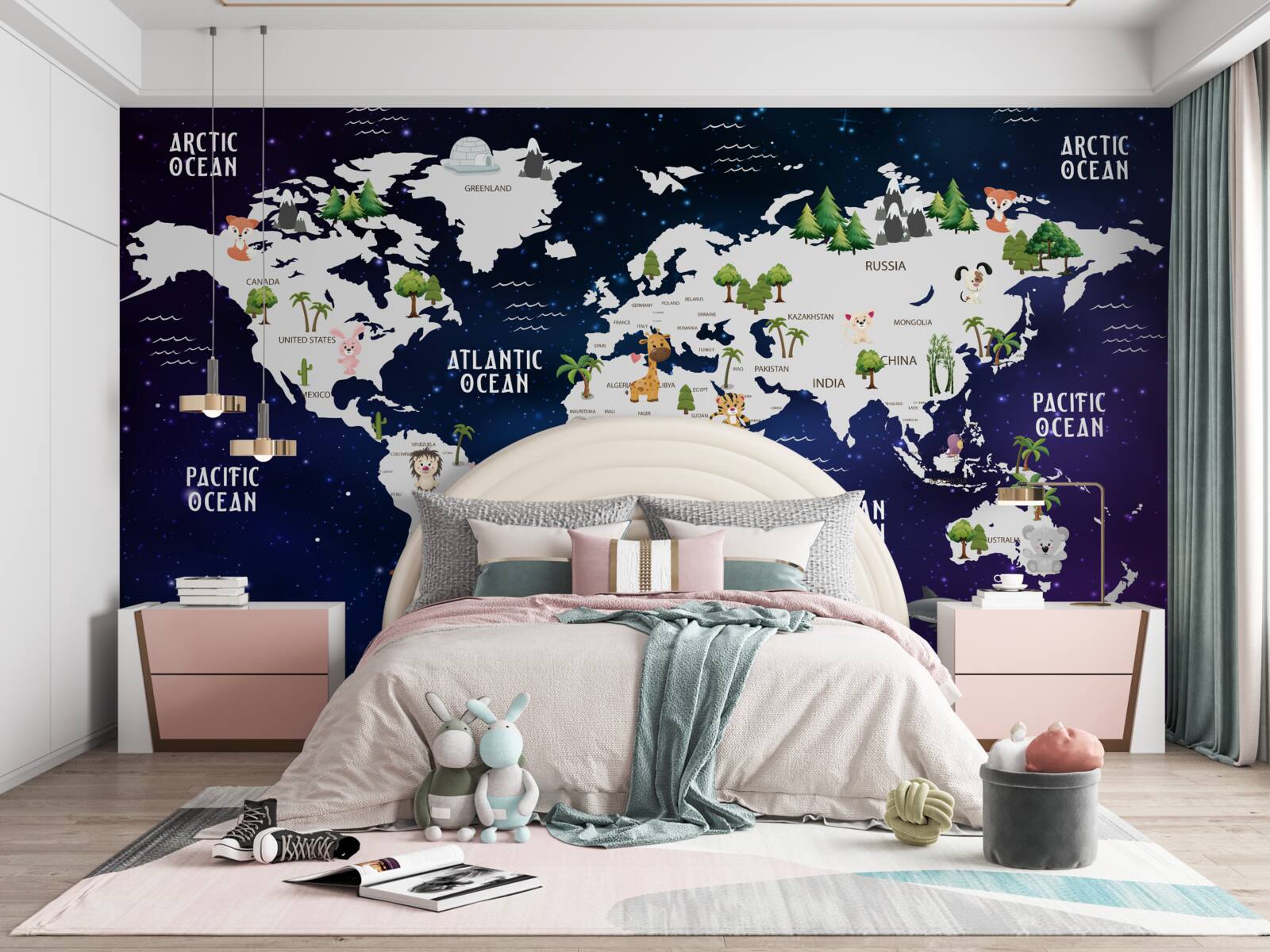 Carta da parati mappa del mondo di notte con gli oceani segnati