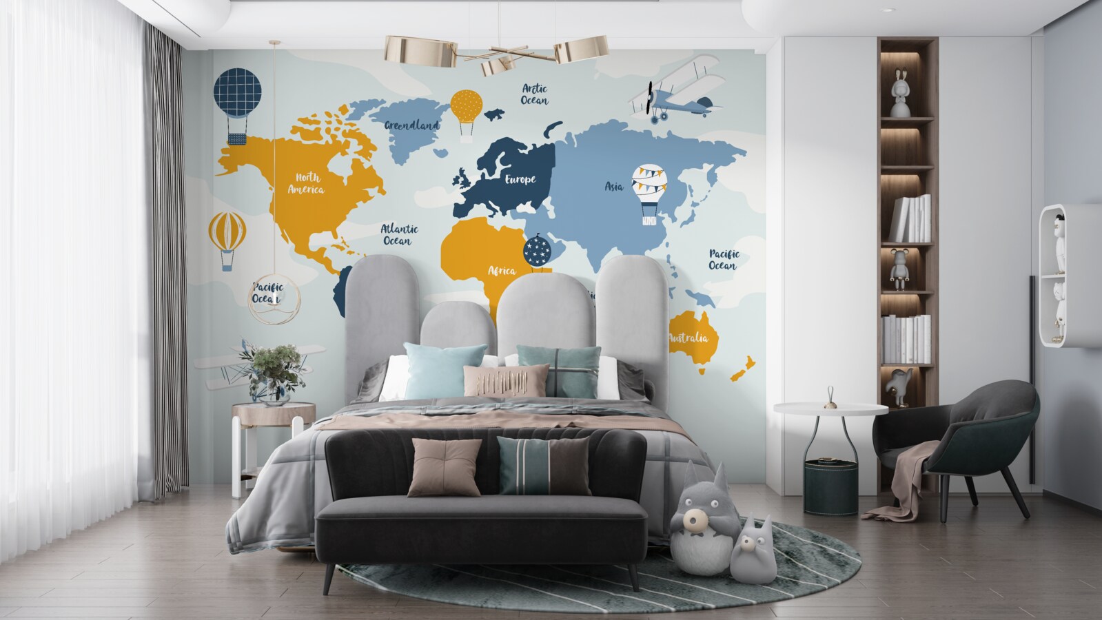 Carta da parati mappa del mondo con i nomi dei continenti a colori