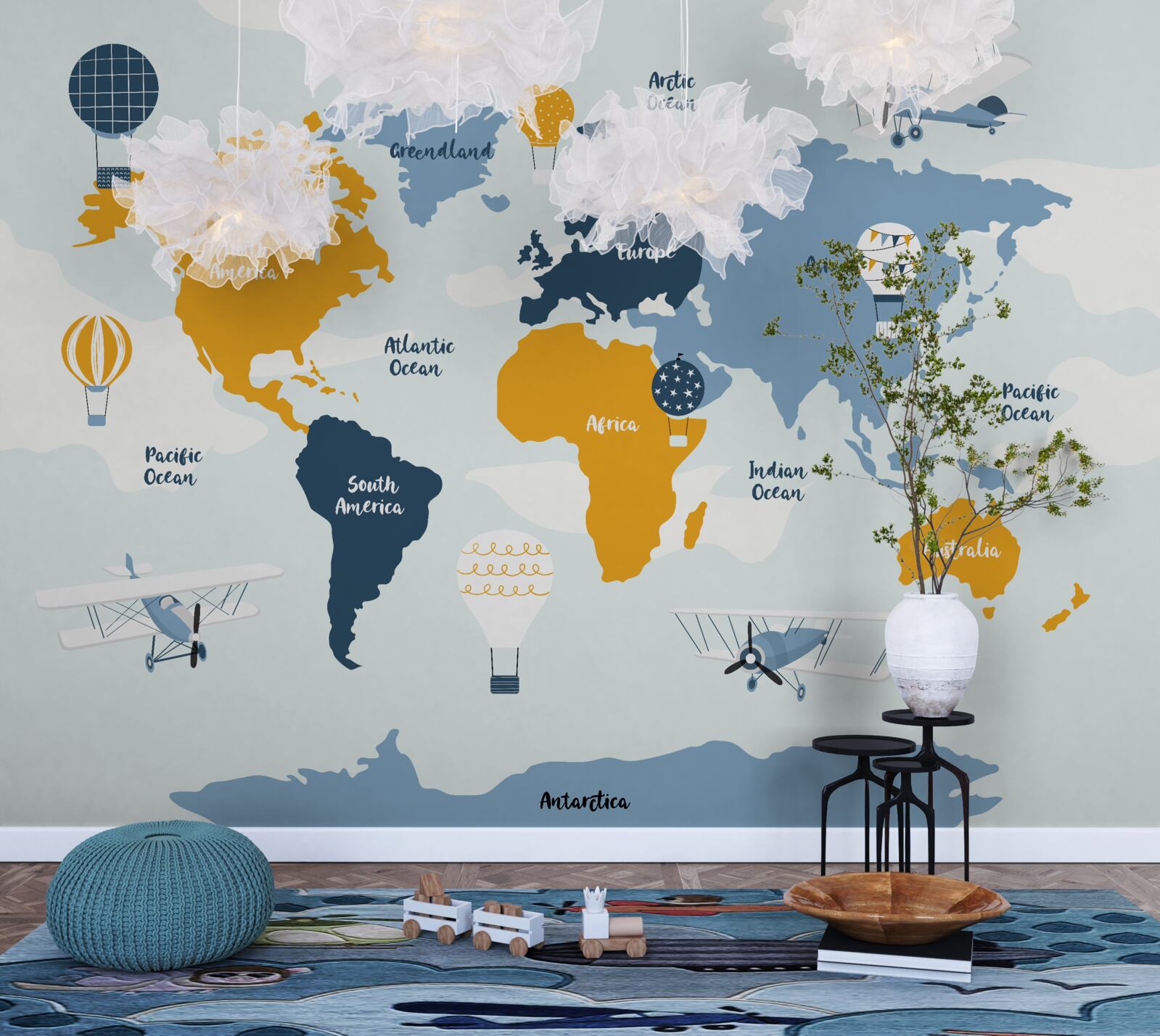 Carta da parati mappa del mondo con i nomi dei continenti a colori