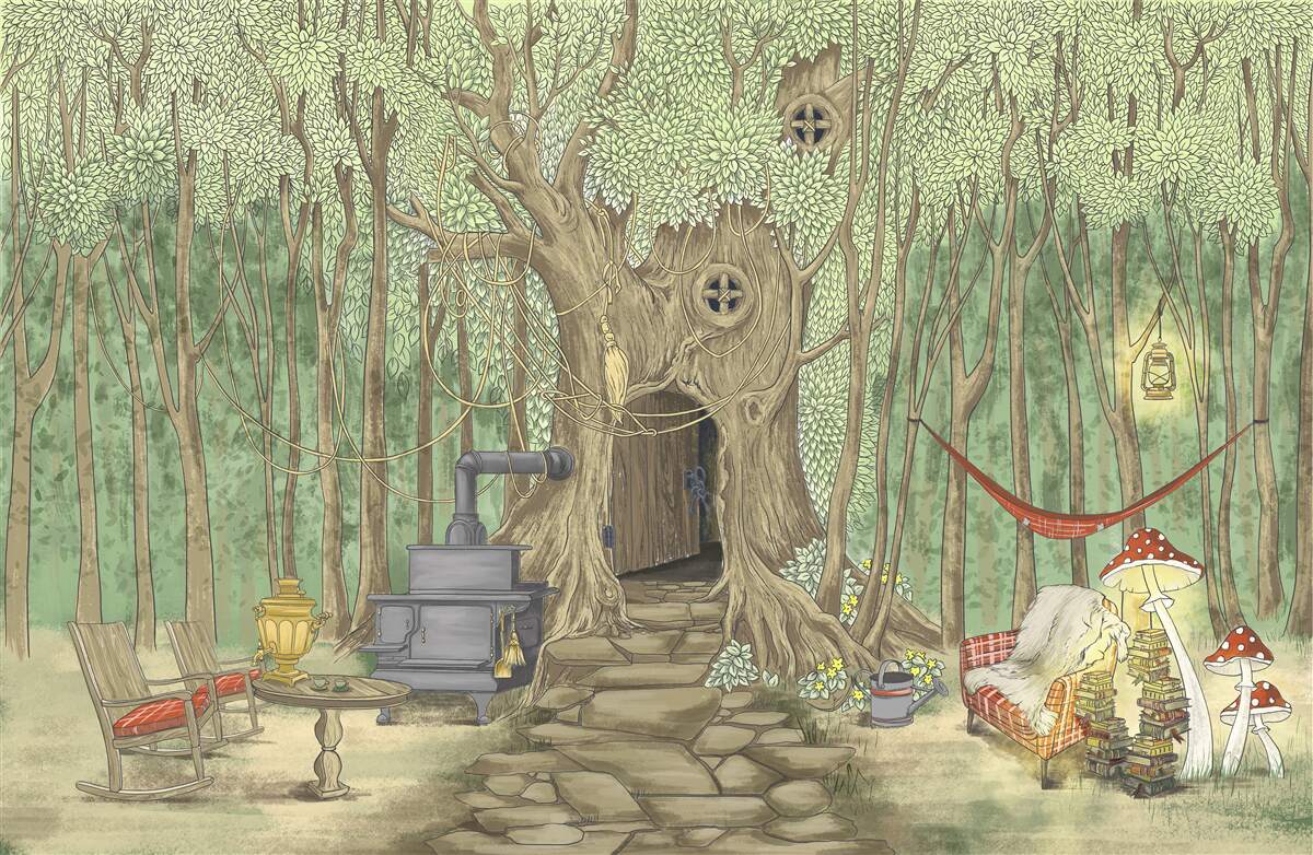 Carta da parati comfort familiare in una casa sull'albero nella foresta