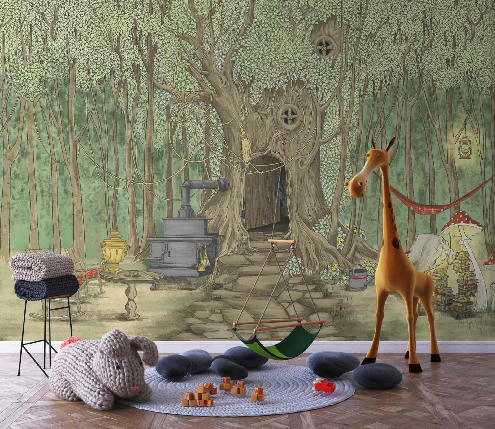 Carta da parati comfort familiare in una casa sull'albero nella foresta