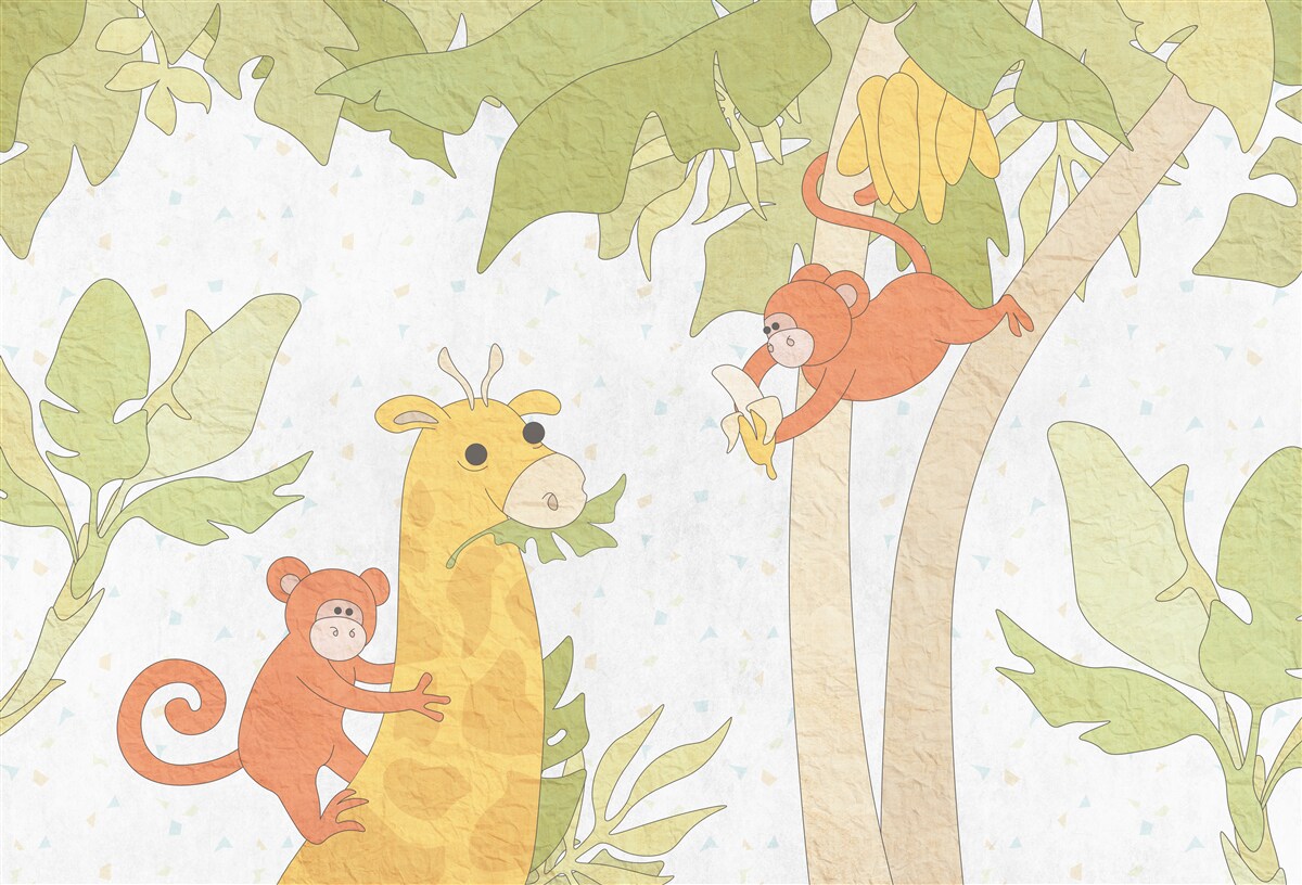 Carta da parati La giraffa viene nutrita dalle scimmie