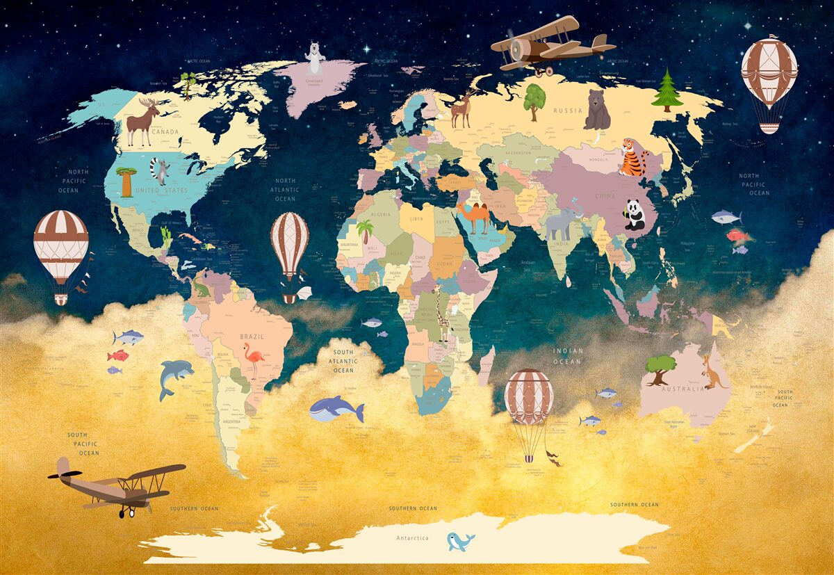 Carta da parati mappa del mondo in blu e giallo
