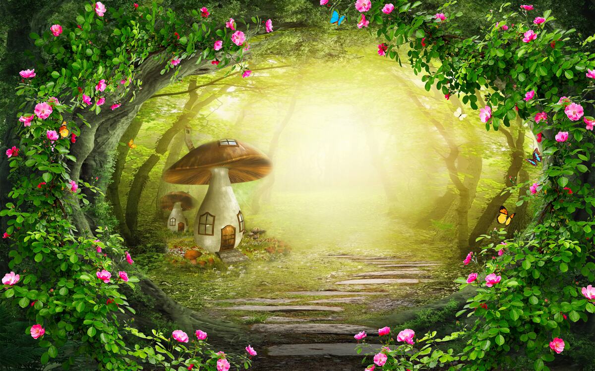 Carta da parati casa dei funghi all'alba nella foresta