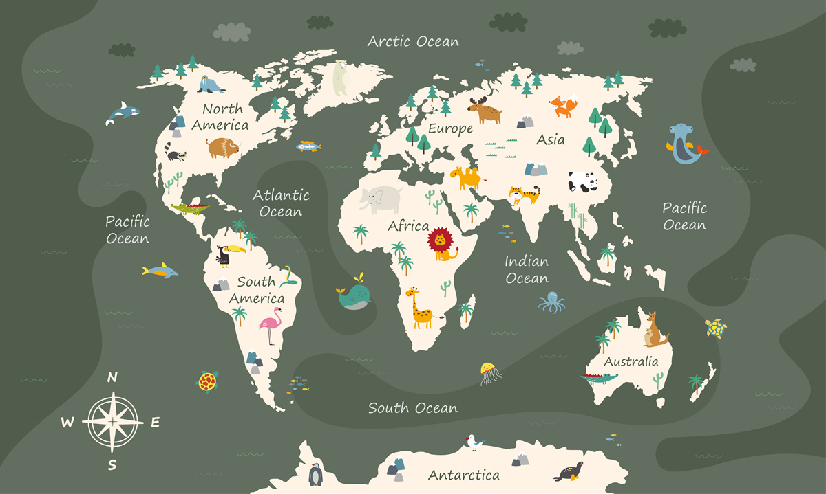 Carta da parati mappa del mondo di notte con immagini degli animali principali