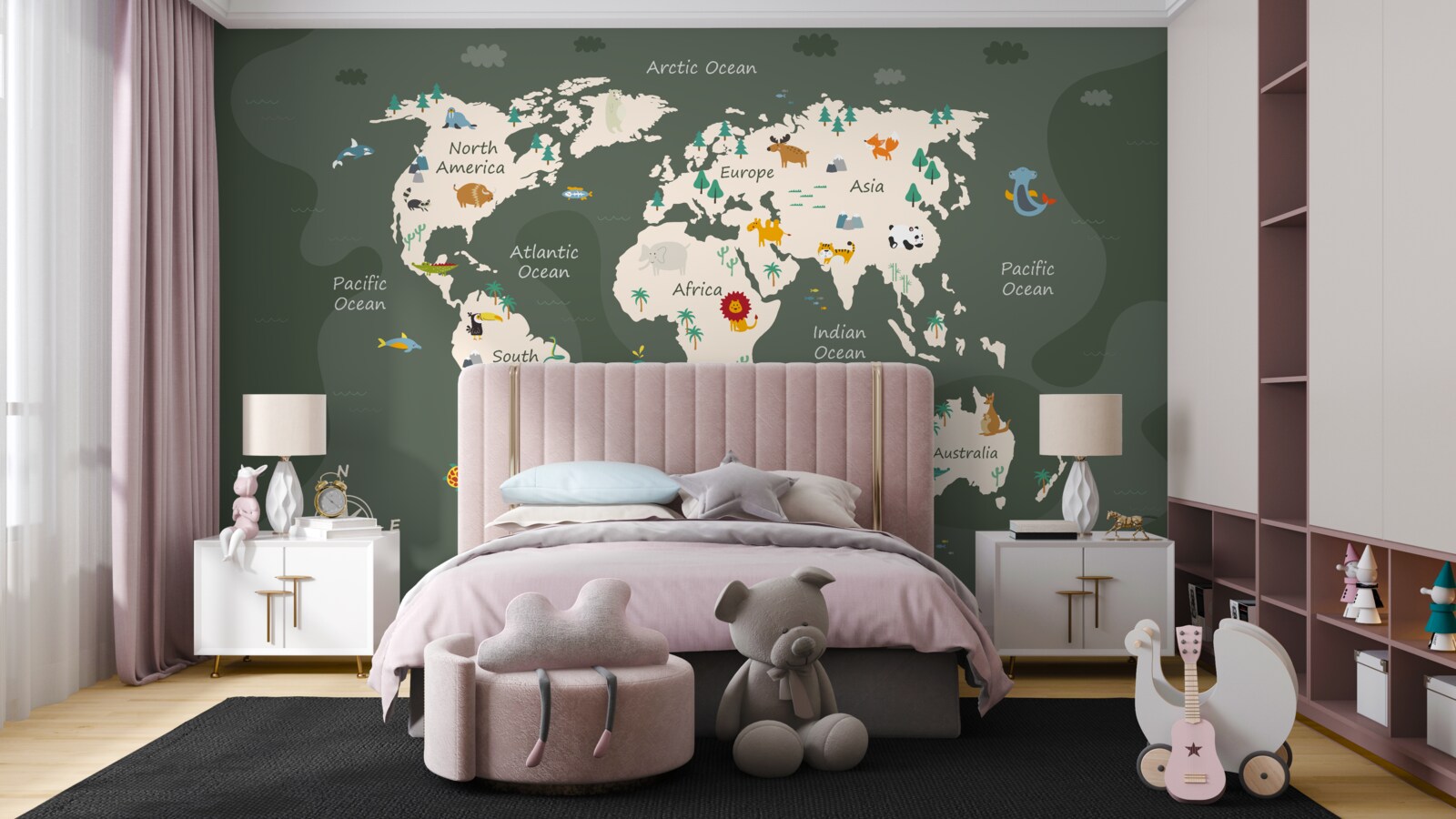 Carta da parati mappa del mondo di notte con immagini degli animali principali