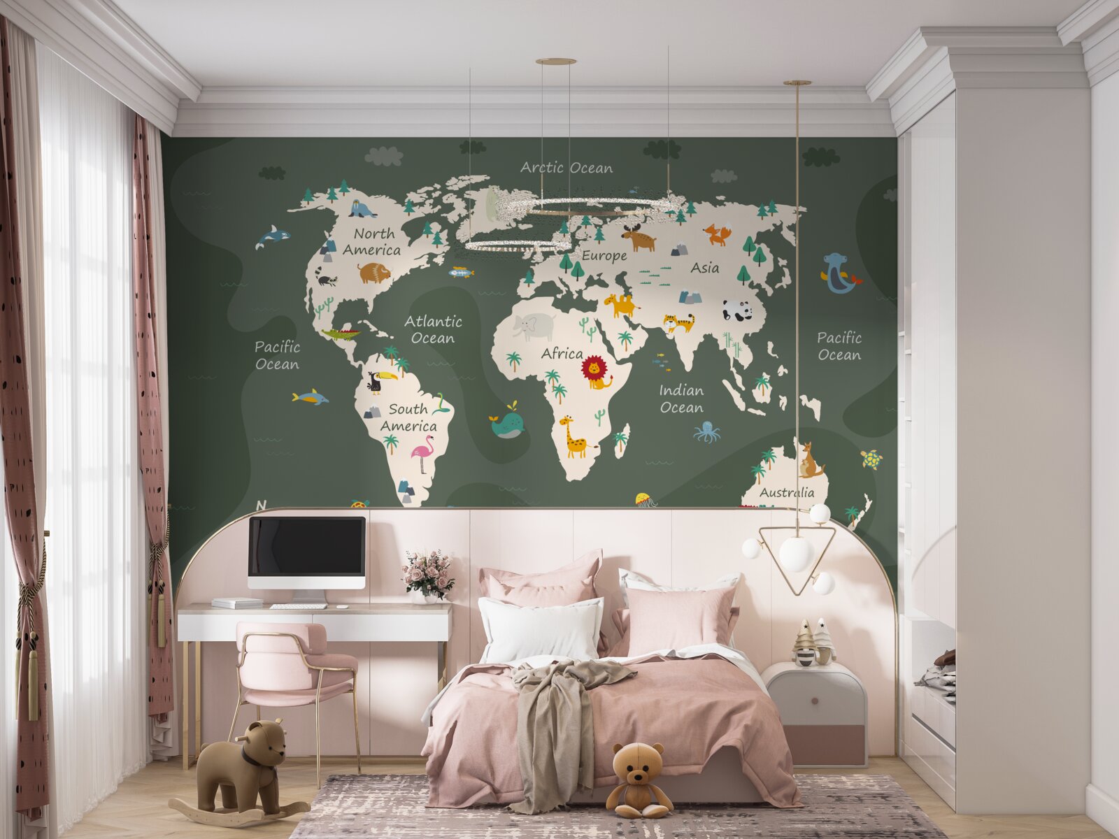 Carta da parati mappa del mondo di notte con immagini degli animali principali