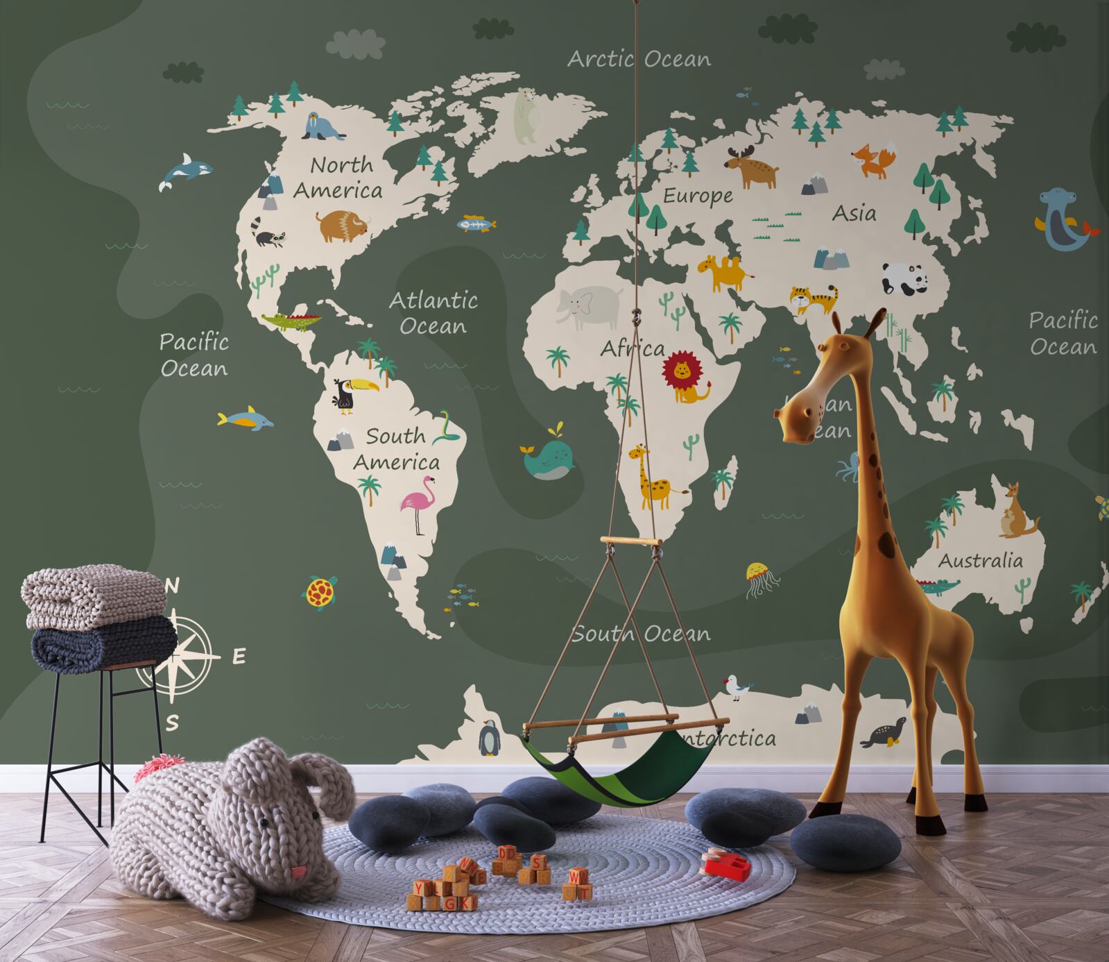 Carta da parati mappa del mondo di notte con immagini degli animali principali