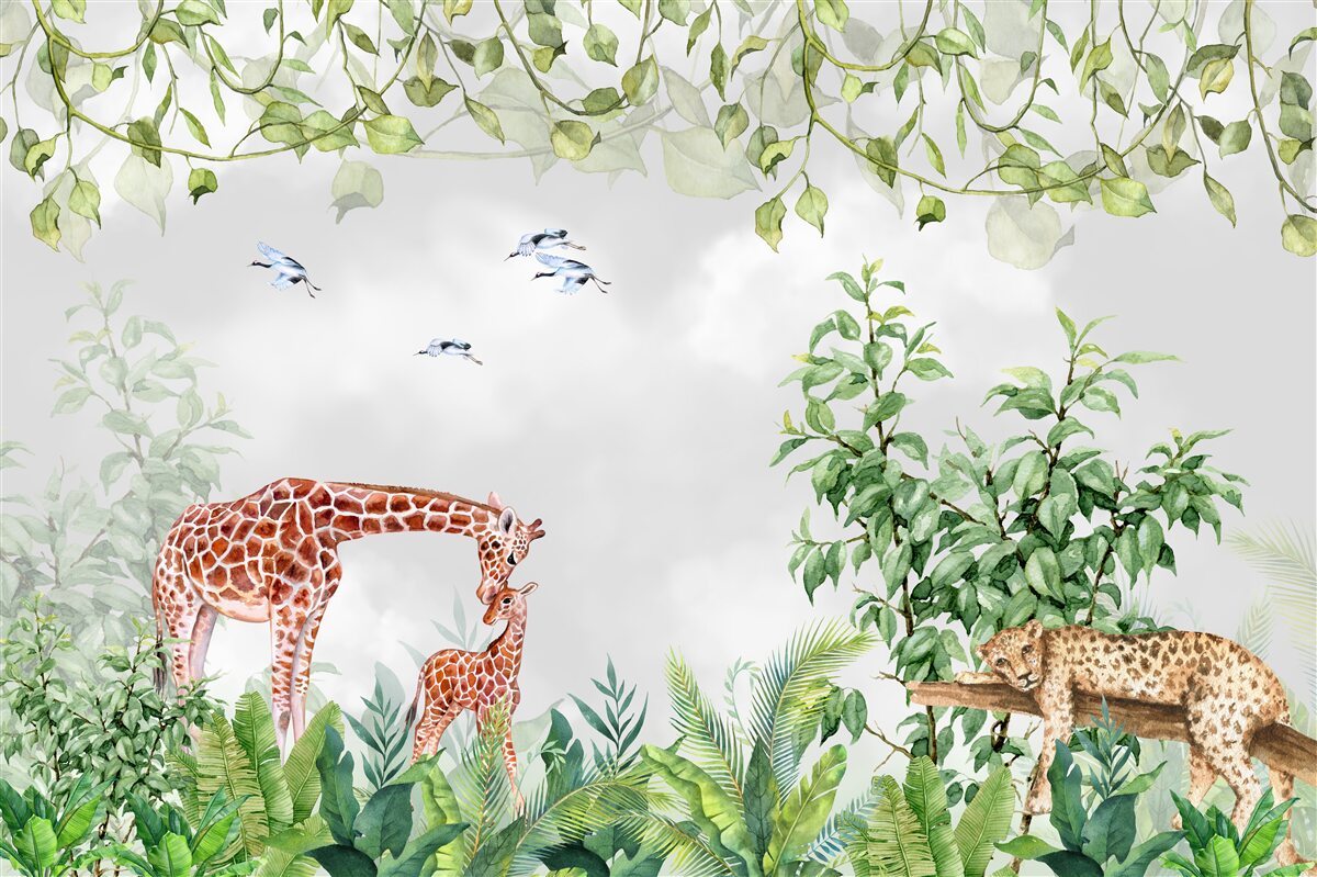 Carta da parati tigri e giraffe si riposano nella giungla