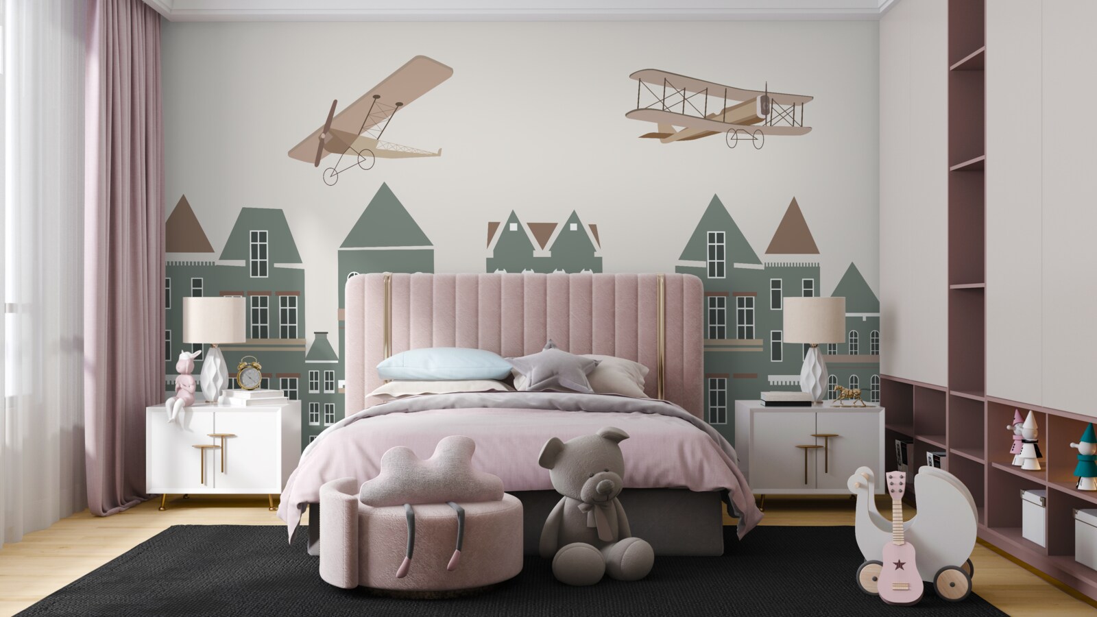 Carta da parati aerei che sorvolano le case