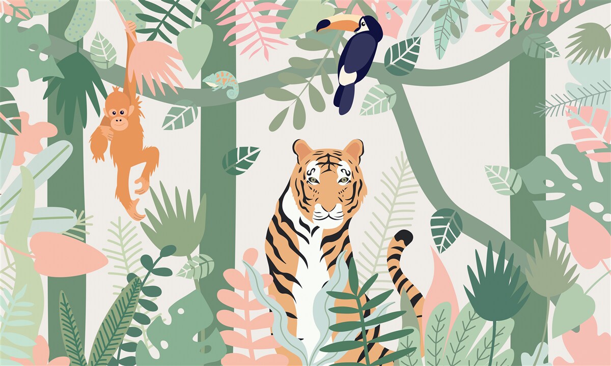 Carta da parati La tigre e i suoi amici nella foresta