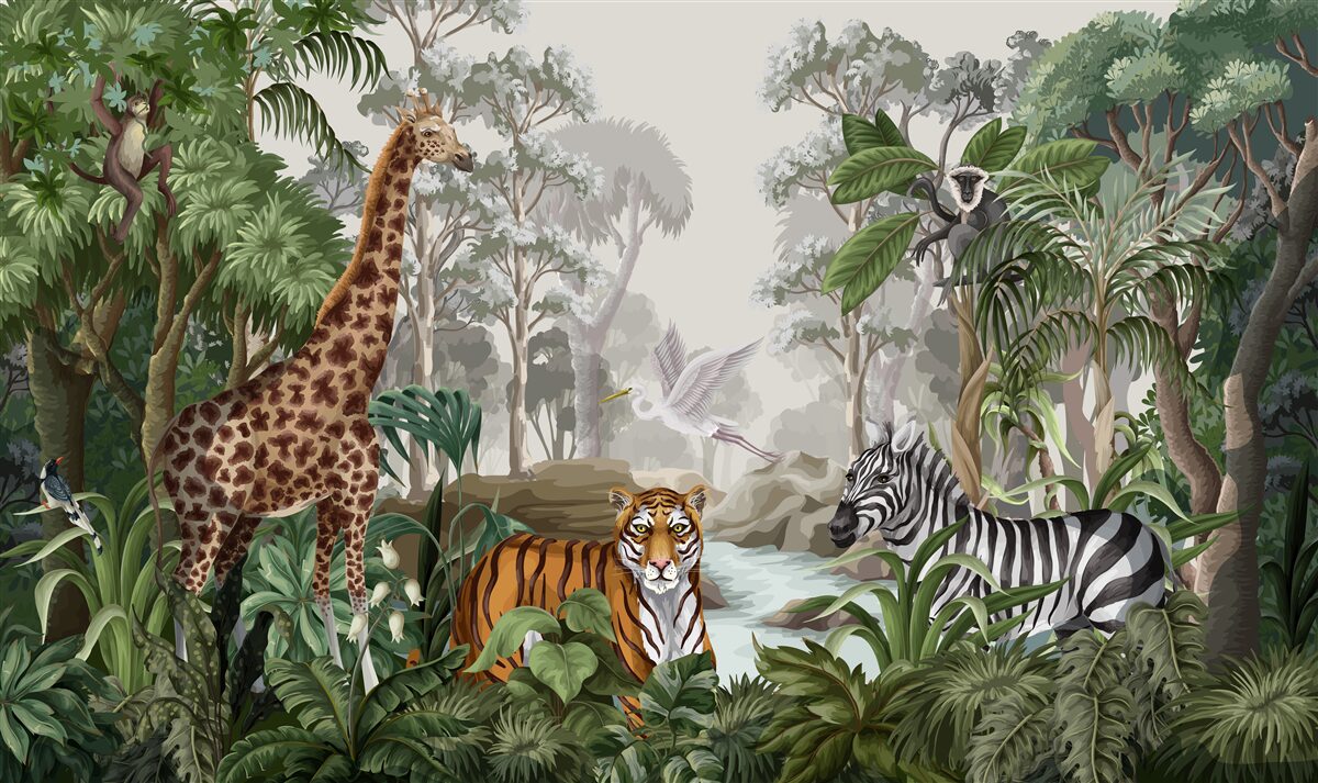 Carta da parati Giraffa, tigre e zebra nella foresta pluviale