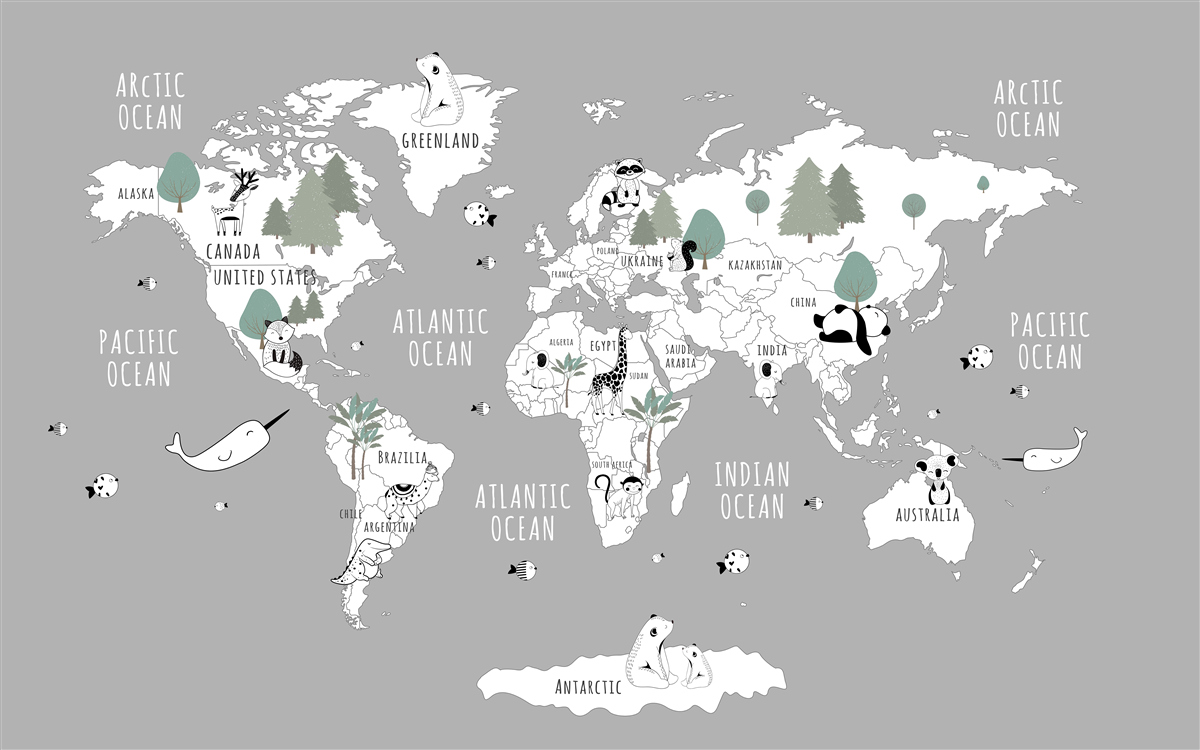 Carta da parati mappa del mondo in bianco, decorata con panda