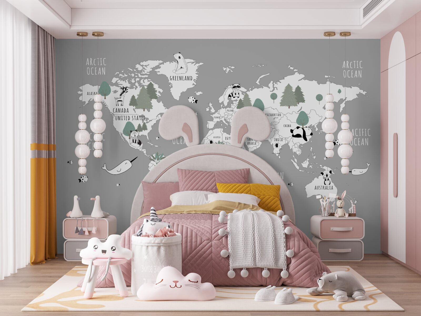 Carta da parati mappa del mondo in bianco, decorata con panda