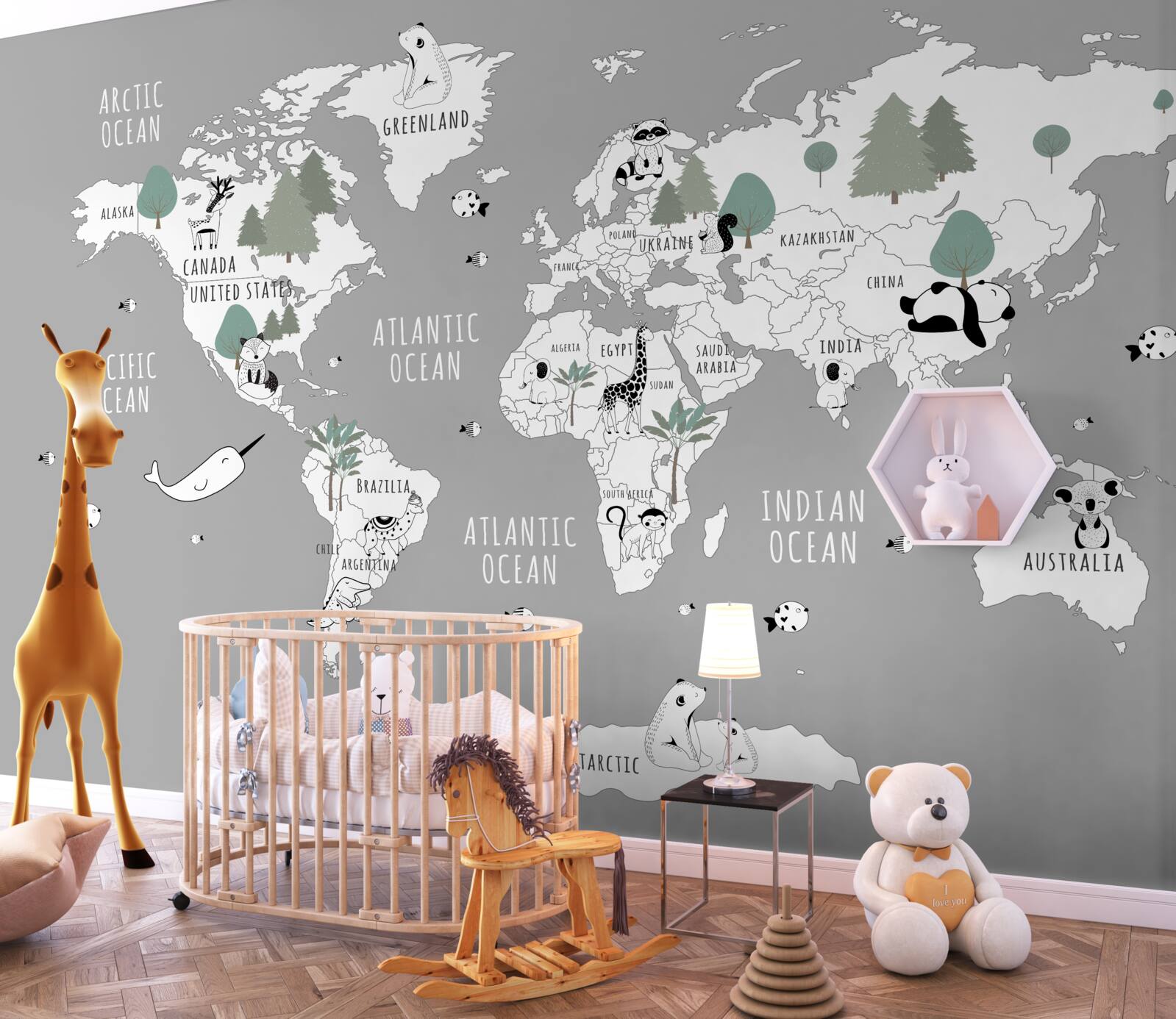 Carta da parati mappa del mondo in bianco, decorata con panda
