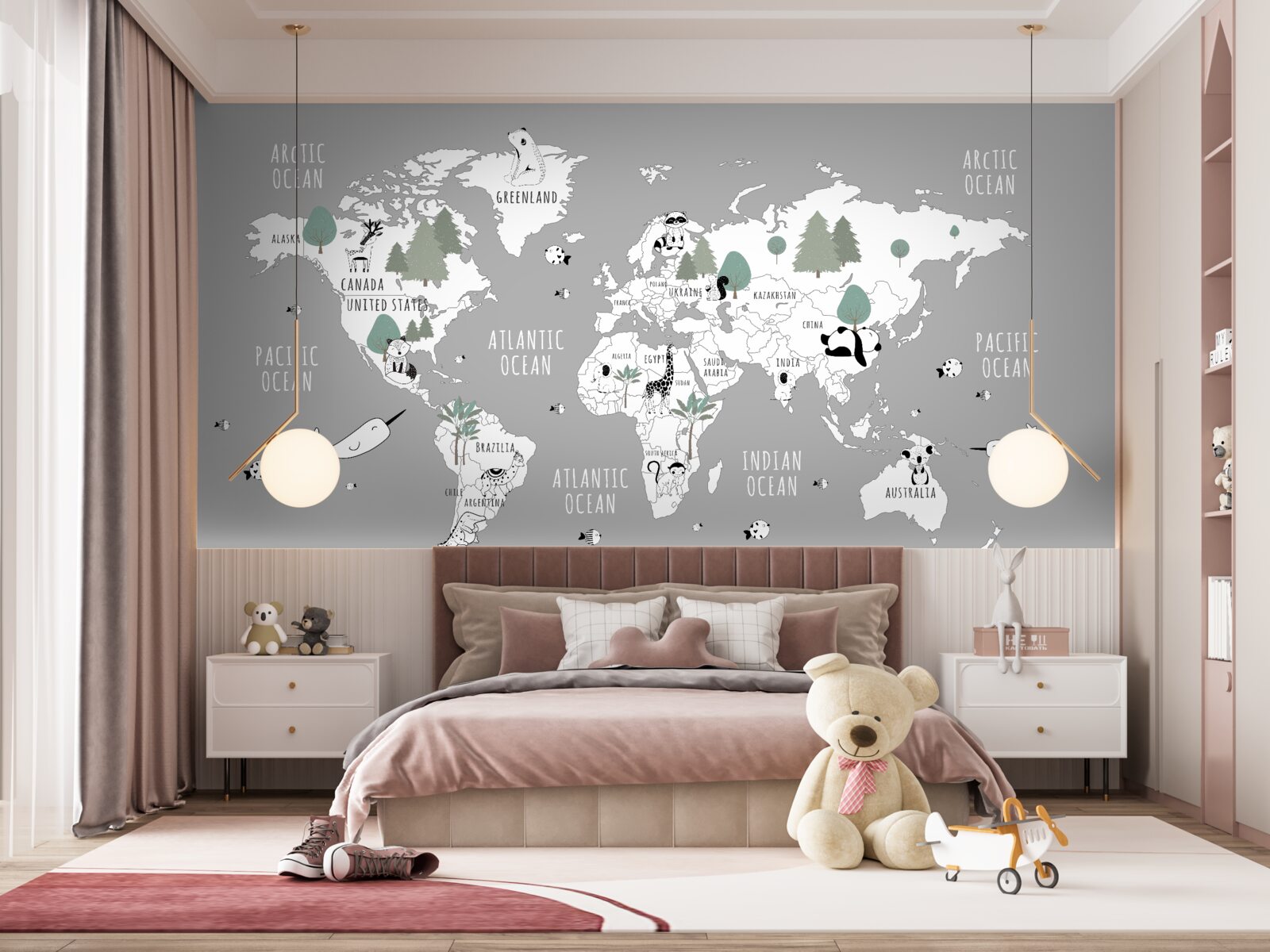 Carta da parati mappa del mondo in bianco, decorata con panda