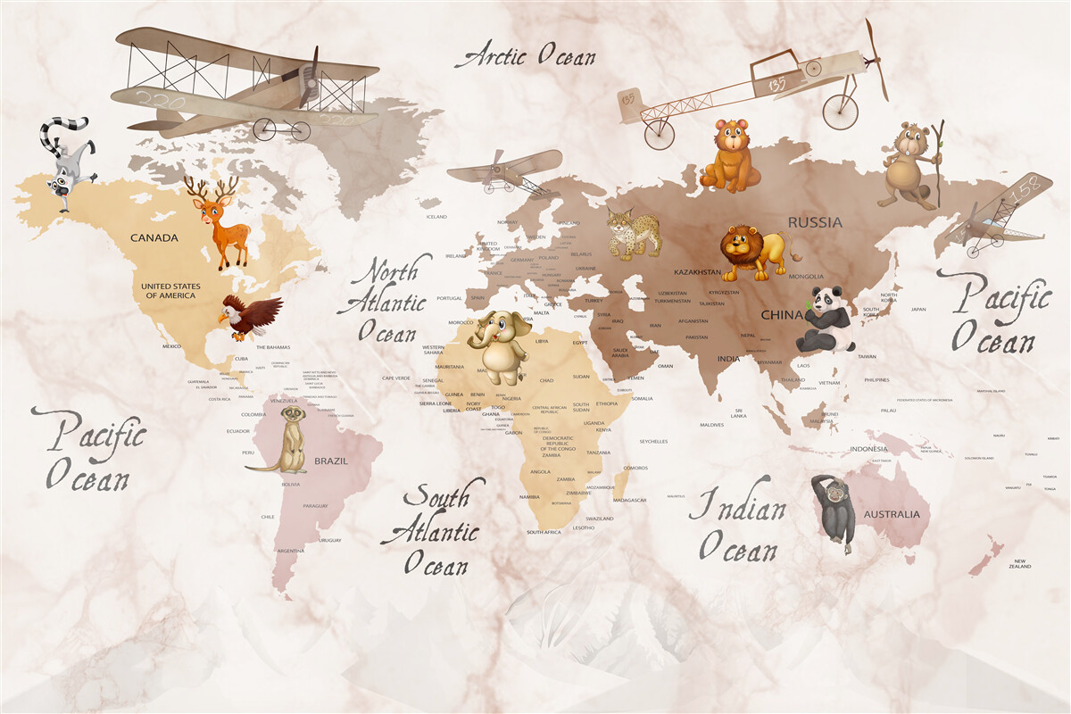 Carta da parati mappa del mondo e principali abitanti dei continenti