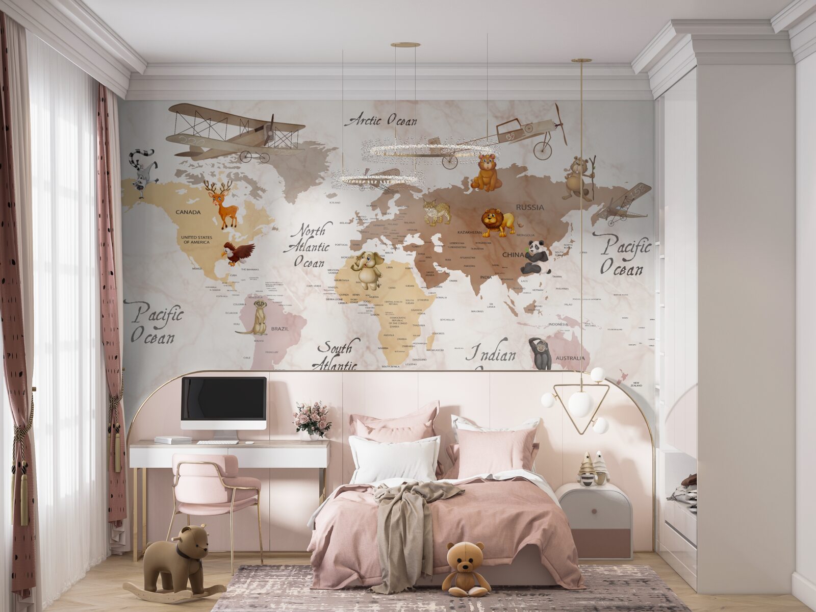 Carta da parati mappa del mondo e principali abitanti dei continenti