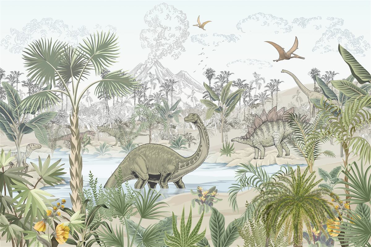 Carta da parati ci sono dinosauri nella foresta vicino all'acqua