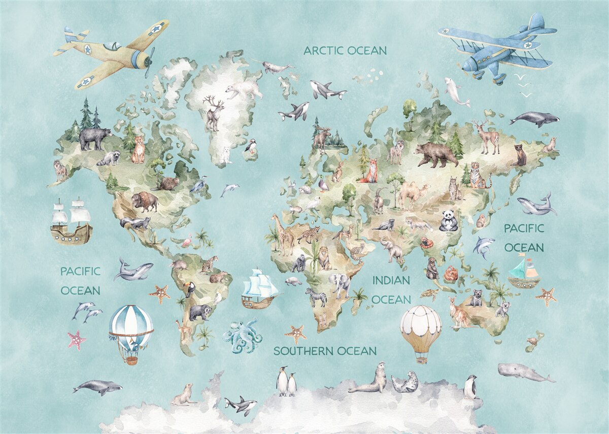 Carta da parati Mappa del mondo per bambini con gli oceani