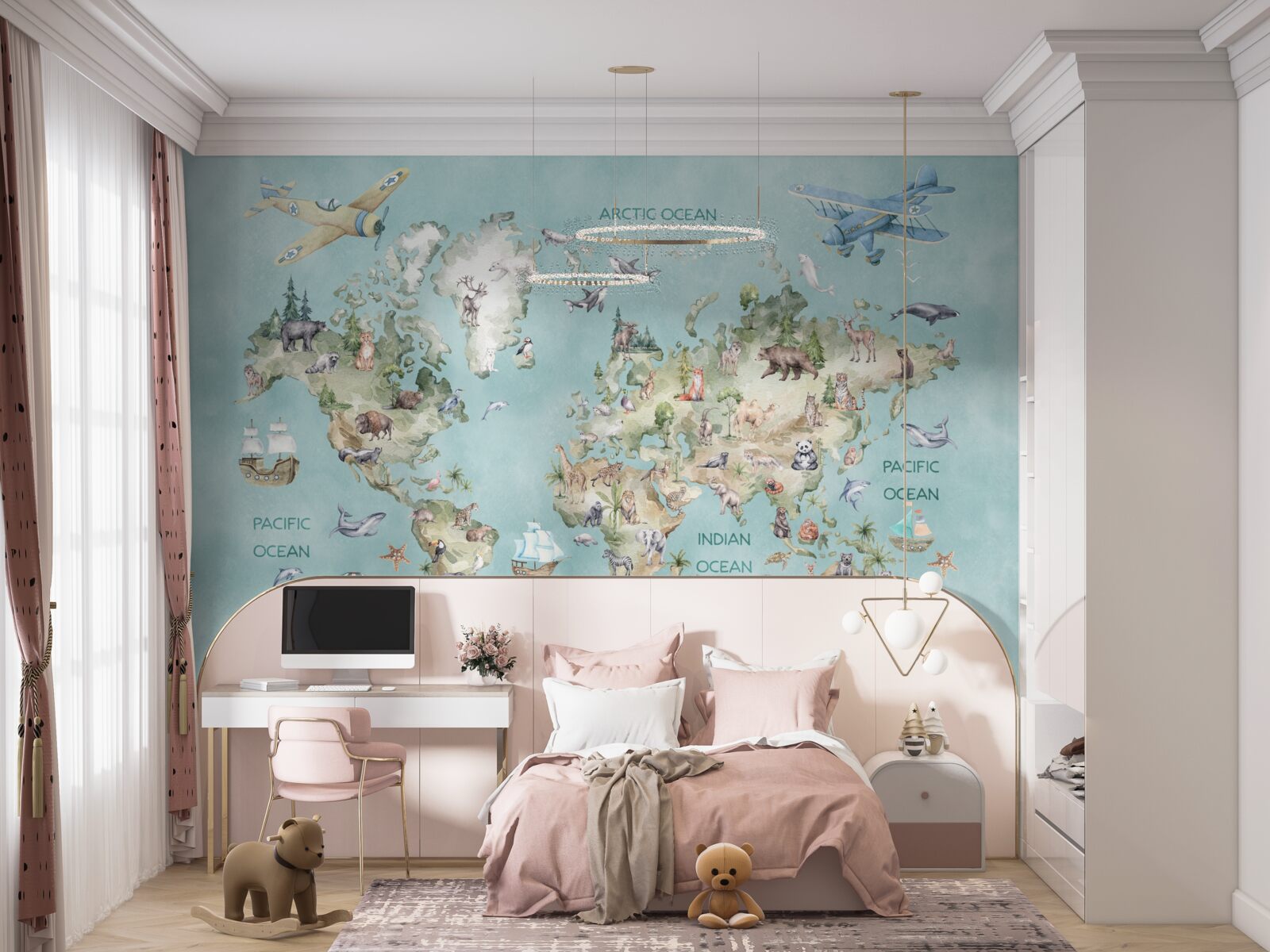 Carta da parati Mappa del mondo per bambini con gli oceani