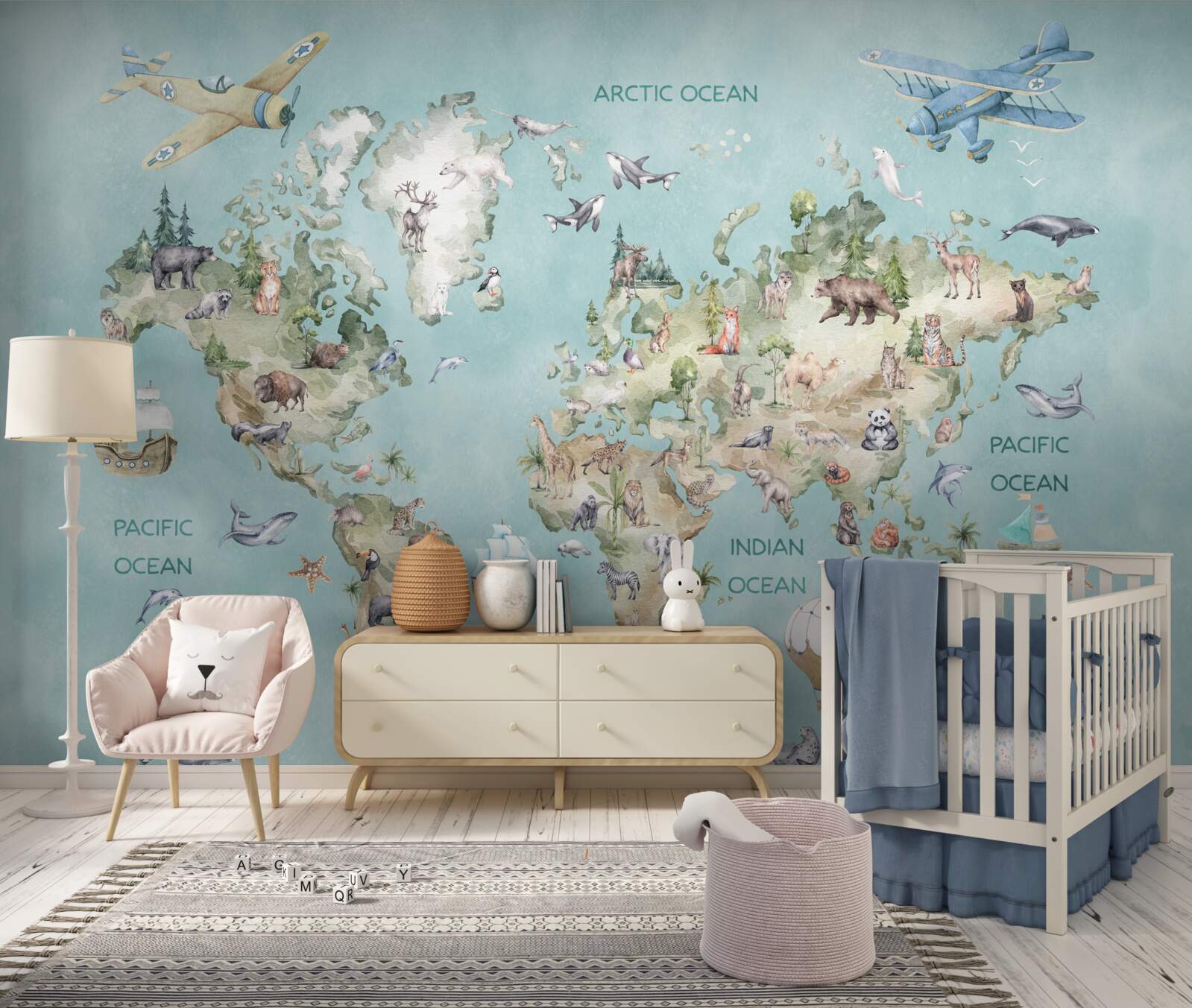 Carta da parati Mappa del mondo per bambini con gli oceani