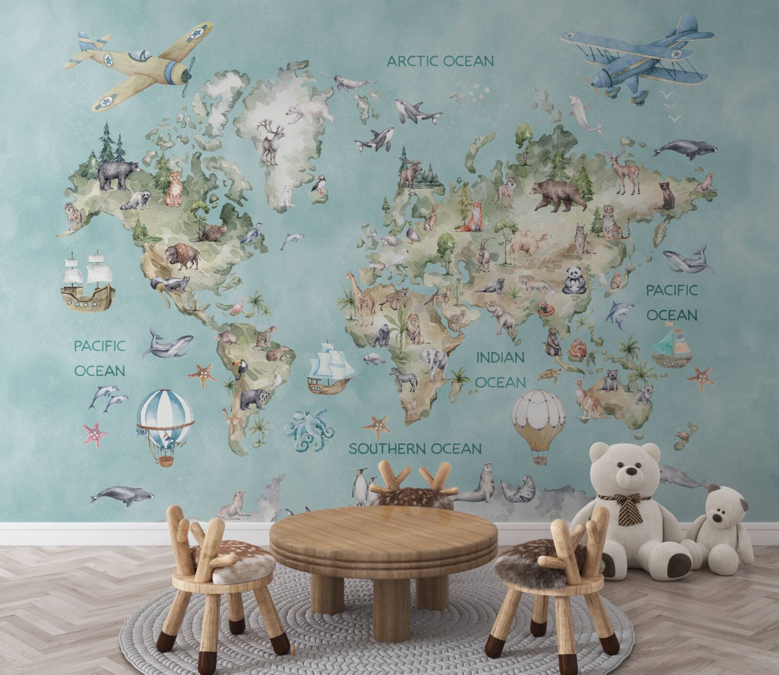 Carta da parati Mappa del mondo per bambini con gli oceani