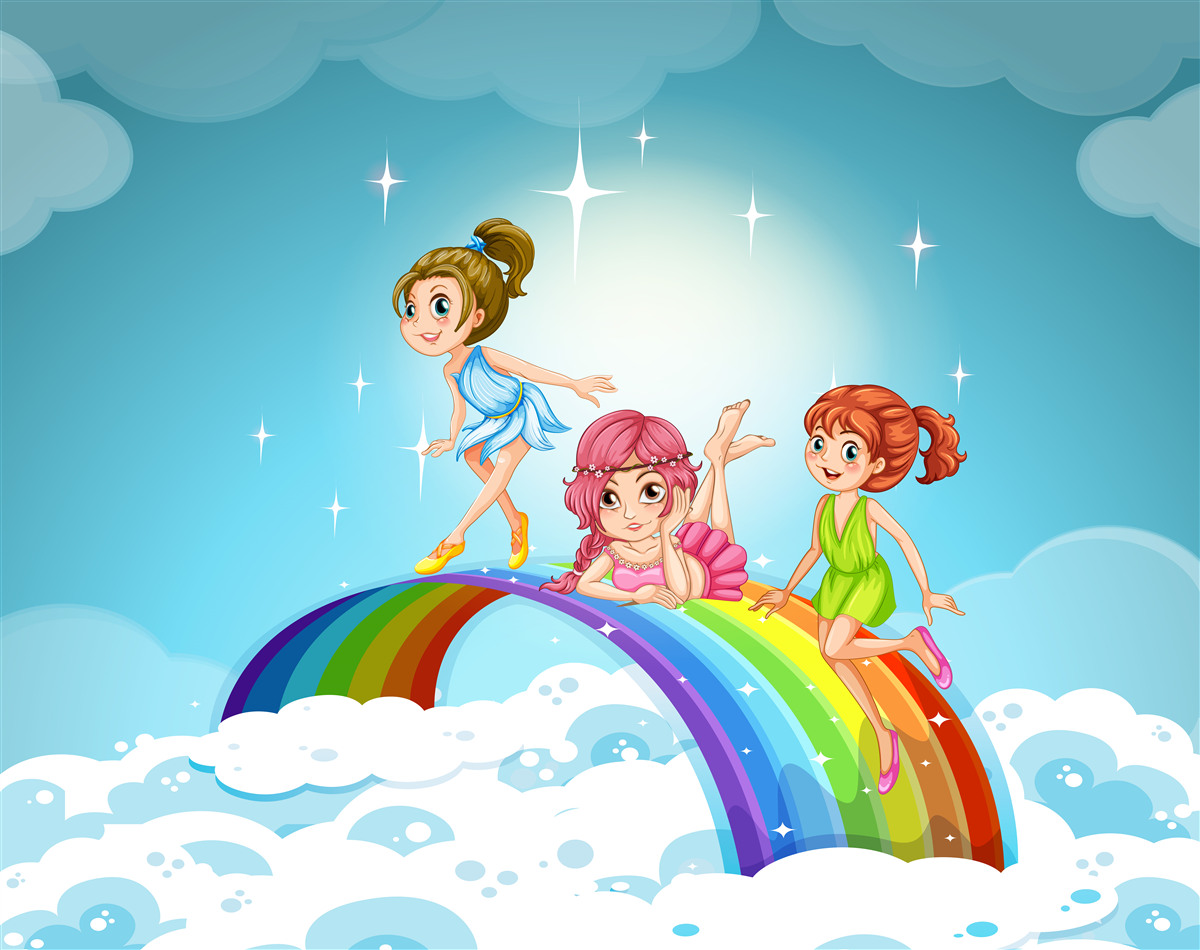 Carta da parati ragazze tra le nuvole sull'arcobaleno